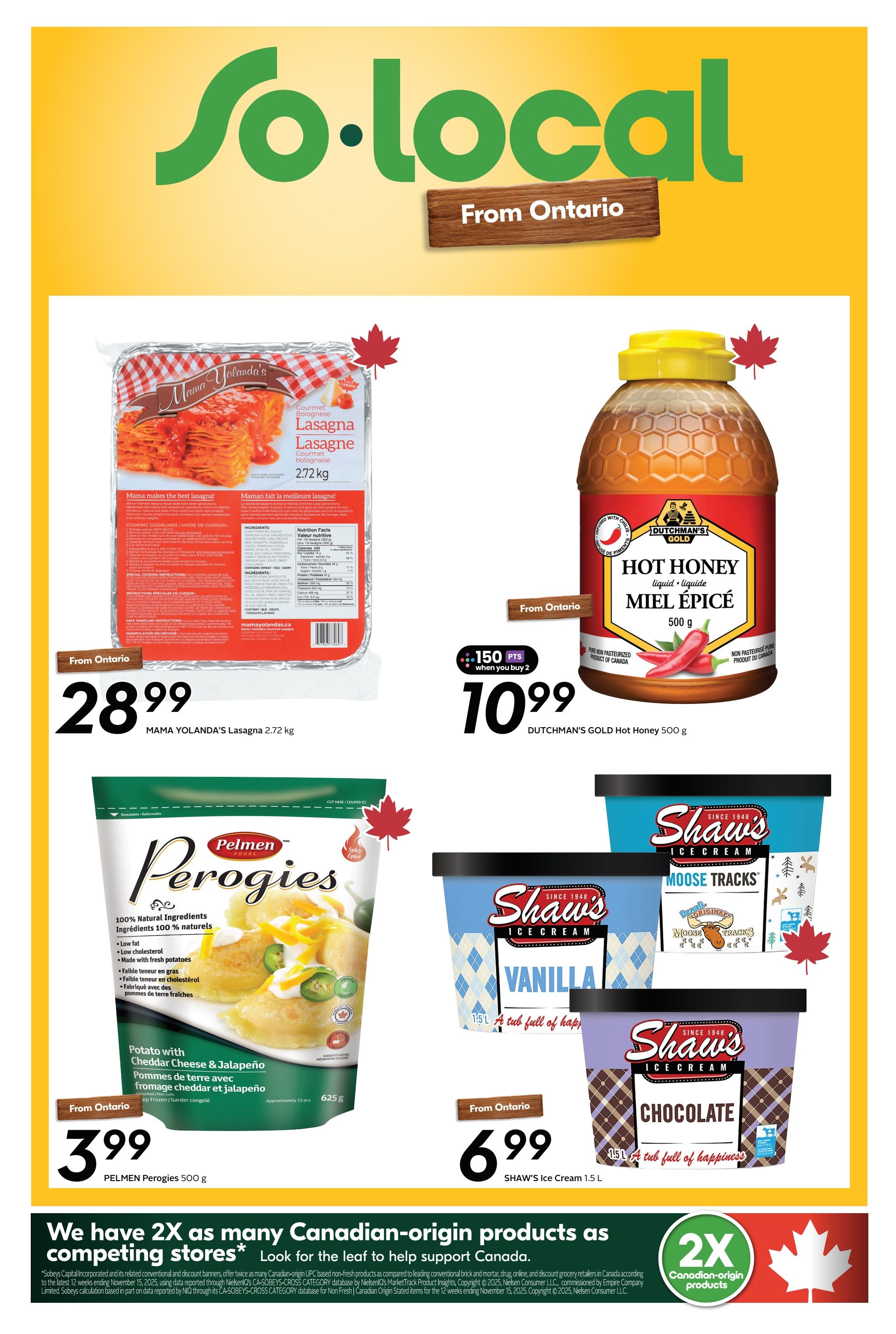 Sobeys flyer page 14 featuring 'So.local From Ontario' branding. On this page, Mama Yolanda's Lasagna 2.72 kg is on sale for $28.99. Dutchman's Gold Hot Honey 500 g is available for $10.99 when you buy 2, with 150 bonus points. Pelmen Perogies 500 g (Potato with Cheddar Cheese & Jalapeño flavour) are priced at $3.99. Shaw's Ice Cream 1.5 L is featured at $6.99, with available flavours including Vanilla and Chocolate, and a special Moose Tracks variety. The bottom of the page highlights a promotion: 'We have 2X as many Canadian-origin products as competing stores* Look for the leaf to help support Canada.