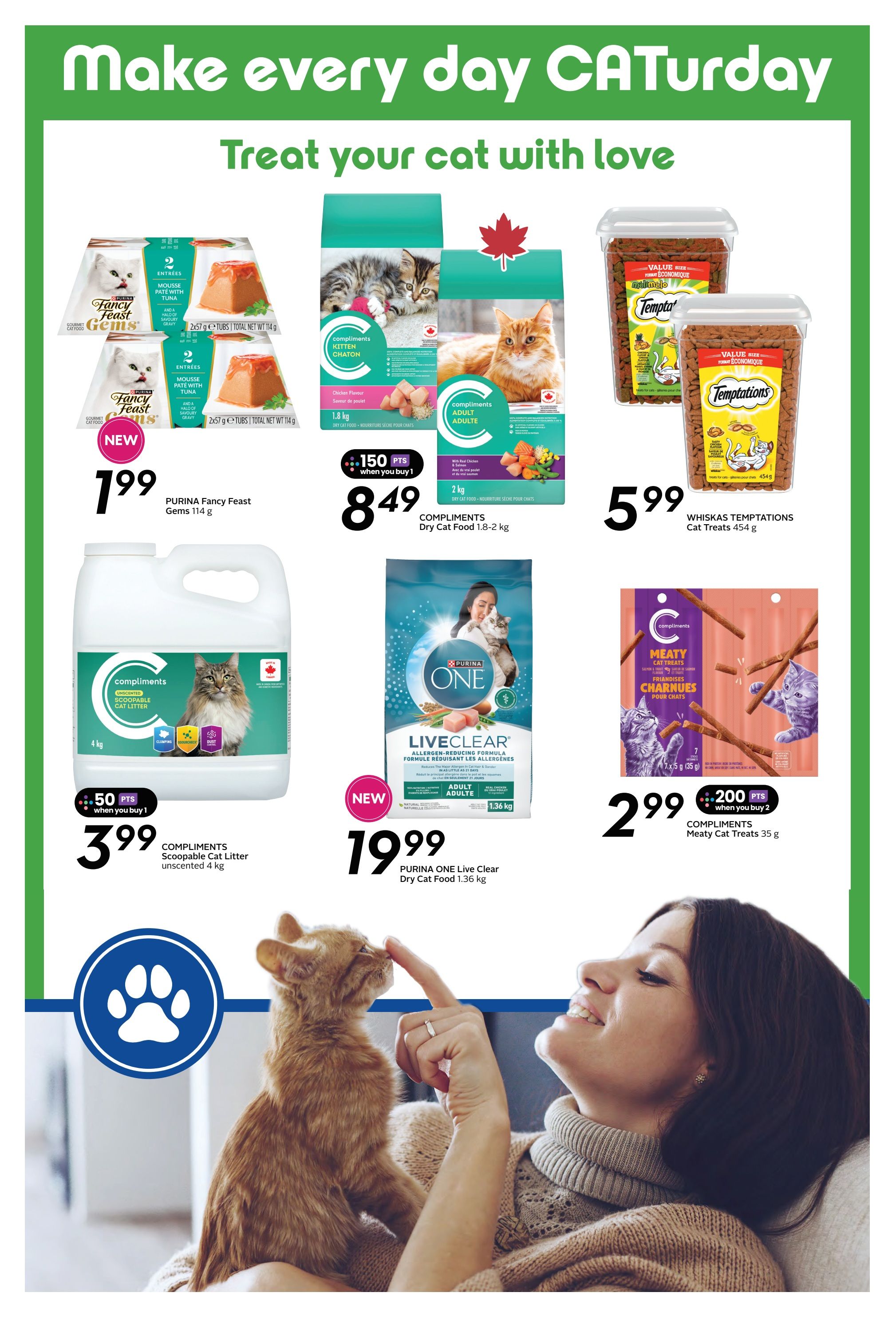 Sobeys flyer page featuring 'Make every day CATurday' with deals on cat products. Offers include Purina Fancy Feast Gems 114 g for $1.99, Compliments Kitten and Adult Dry Cat Food 1.8-2 kg for $8.49 with 150 bonus points when you buy 1, Whiskas Temptations Cat Treats 454 g for $5.99, Compliments Scoopable Cat Litter unscented 4 kg for $3.99 with 50 bonus points when you buy 1, Purina ONE Live Clear Adult Dry Cat Food 1.36 kg for $19.99, and Compliments Meaty Cat Treats 35 g for $2.99 with 200 bonus points when you buy 2.