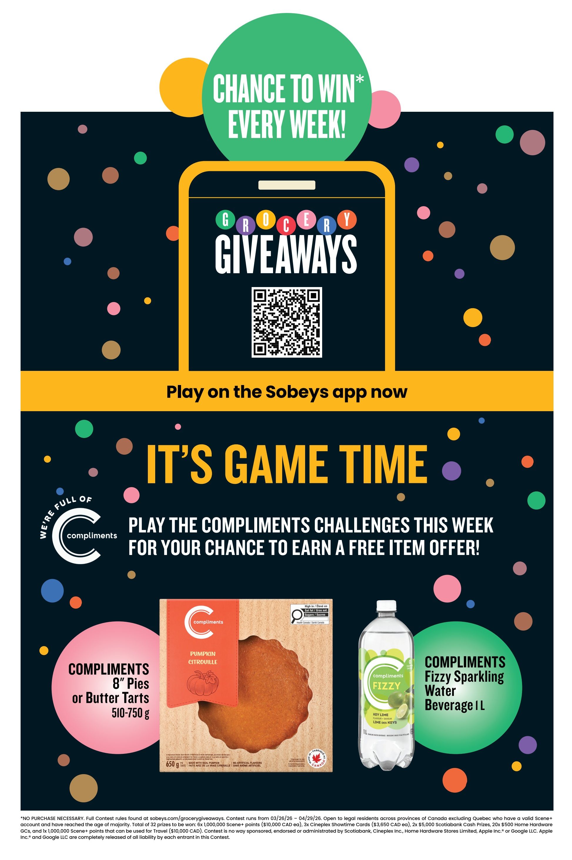 Sobeys flyer page 20 features a 'Chance to Win Every Week!' promotion. Play the Compliments challenges on the Sobeys app to earn a free item offer. Featured products include Compliments 8' Pies or Butter Tarts (510-750 g) and Compliments Fizzy Sparkling Water Beverage (1 L). The page also displays contest details and rules.