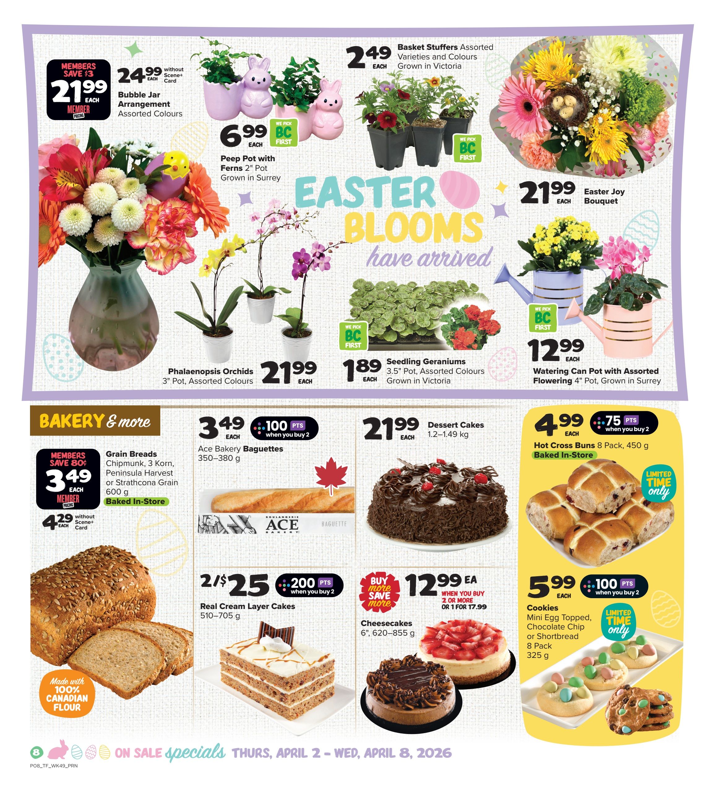 Thrifty Foods weekly flyer specials page 9 features Easter blooms and bakery items. Easter blooms include Bubble Jar Arrangement for $21.99 (members save $3), Peep Pot with Ferns for $6.99, Basket Stuffers for $2.49, Phalaenopsis Orchids for $21.99, Seedling Geraniums for $1.89, and a Watering Can Pot with Flowering Plants for $12.99. Bakery & More section offers Grain Breads (Chipmunk, 3 Korn, Peninsula Harvest or Strathcona Grain) for $3.49 each or $4.29 without Scene+ card, Ace Bakery Baguettes for $3.49 when you buy 2 and get 100 points, Dessert Cakes for $21.99, Real Cream Layer Cakes for 2 for $25 with 200 points when you buy 2, Cheesecakes for $12.99 when you buy 2 or more or $17.99 for 1, and Mini Egg Topped, Chocolate Chip or Shortbread Cookies 8 Pack for $5.99 with 100 points when you buy 2. All specials are valid from Thursday, April 2 to Wednesday, April 8, 2026.