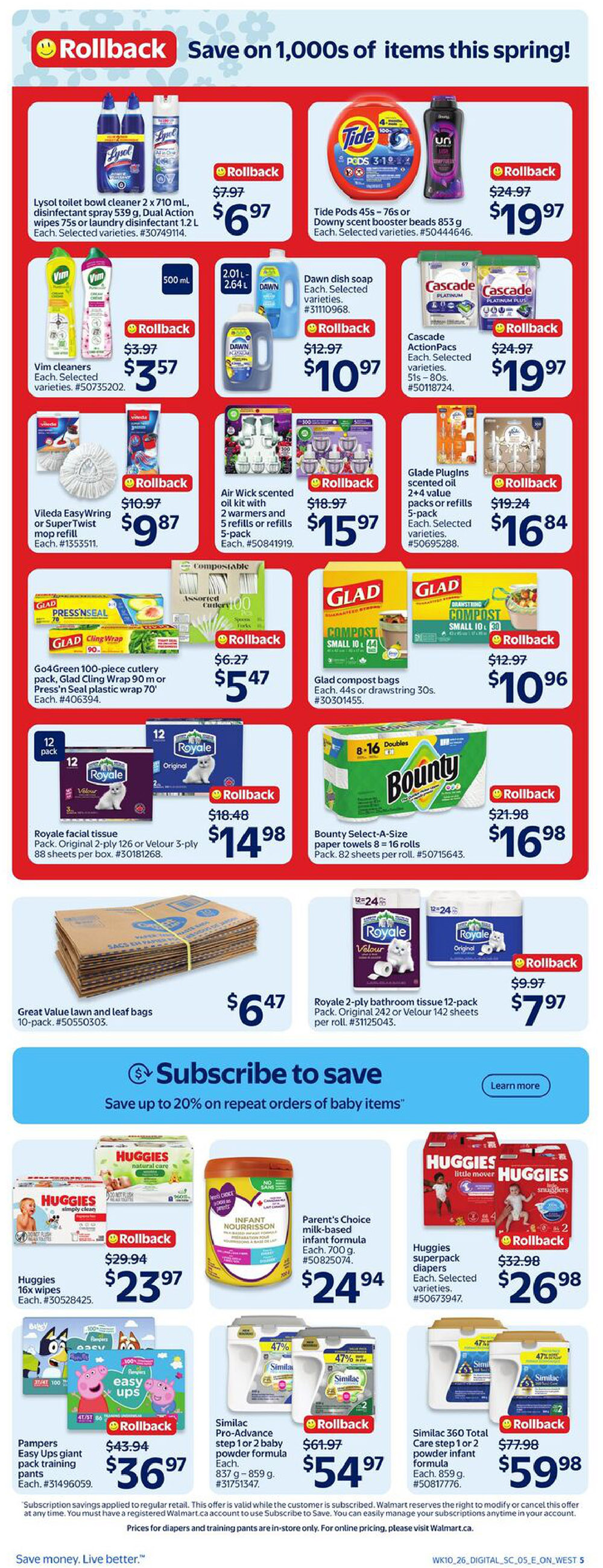 Walmart Canada weekly flyer specials page 16. Features a 'Rollback' sale with savings on various household and baby items. Cleaning supplies include Lysol toilet bowl cleaner 2 x 710 mL and disinfectant spray 539 g for $6.97, Tide Pods 45s - 76s or Downy scent booster beads 853 g for $19.97, Vim cleaners for $3.57, Dawn dish soap for $10.97, and Cascade ActionPacks for $19.97. Air Wick scented oil kit with 2 warmers and 5 refills or 5-pack refills is $15.97, and Glade Plugins scented oil 2+4 value packs or refills 5-pack is $16.84. Kitchen essentials include Go4Green 100-piece cutlery pack and Glad Cling Wrap 90 m or Press'n Seal plastic wrap 70' for $5.47, and Glad compost bags (44s or drawstring 30s) for $10.96. Paper products on sale are Royale facial tissue (original 2-ply 126 or Velour 3-ply 88 sheets per box) for $14.98, Great Value lawn and leaf bags (10-pack) for $6.47, and Royale 2-ply bathroom tissue 12-pack (original 242 or Velour 142 sheets per roll) for $7.97. The page also highlights a 'Subscribe to save' offer for up to 20% off on repeat orders of baby items. Baby items include Huggies 16x wipes for $23.97, Parent's Choice milk-based infant formula 700 g for $24.94, Huggies superpack diapers for $26.98, Pampers Easy Ups giant pack training pants for $36.97, Similac Pro-Advance step 1 or 2 baby powder formula 837 g - 859 g for $54.97, and Similac 360 Total Care step 1 or 2 powder infant formula 859 g for $59.98.