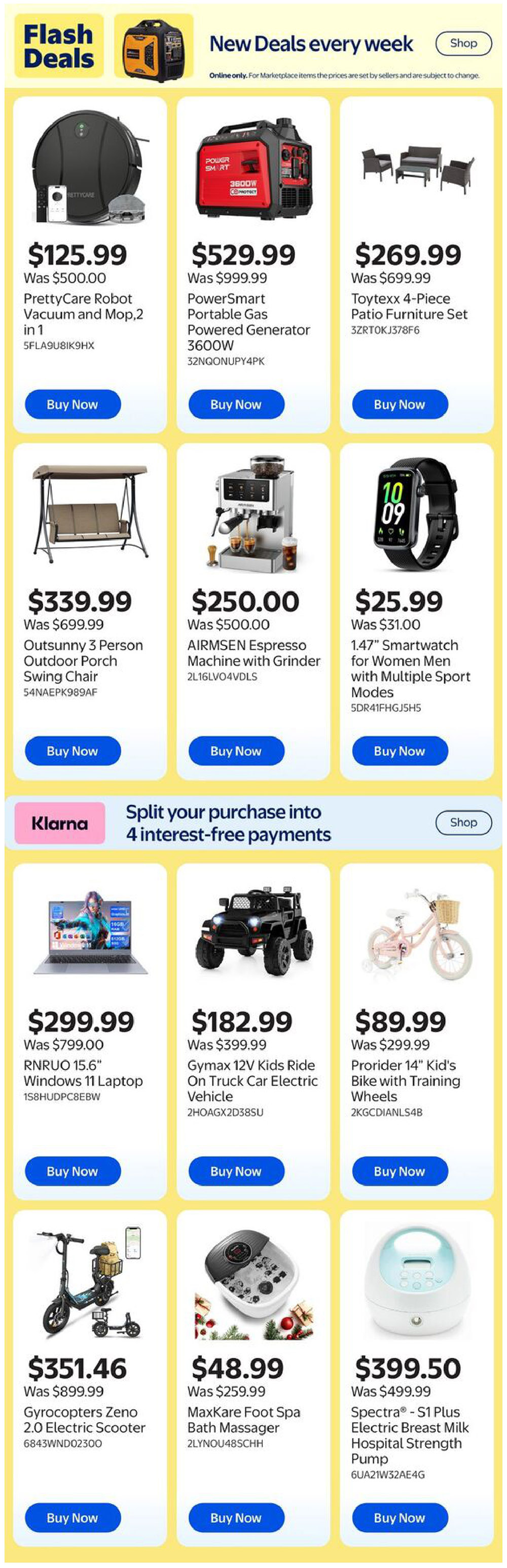 Walmart Canada weekly flyer specials page 21 featuring flash deals. Deals include a PrettyCare Robot Vacuum and Mop for $125.99 (was $500.00), a PowerSmart Portable Gas Powered Generator 3600W for $529.99 (was $999.99), and a Toytexx 4-Piece Patio Furniture Set for $269.99 (was $699.99). Also available are an Outsunny 3 Person Outdoor Porch Swing Chair for $339.99 (was $699.99), an AIRMSEN Espresso Machine with Grinder for $250.00 (was $500.00), and a 1.47' Smartwatch for Women Men with Multiple Sport Modes for $25.99 (was $31.00). Below the flash deals, Klarna offers split payments into 4 interest-free installments. Additional deals include a RNRUO 15.6' Windows 11 Laptop for $299.99 (was $799.00), a Gymax 12V Kids Ride On Truck Car Electric Vehicle for $182.99 (was $399.99), and a Prorider 14' Kid's Bike with Training Wheels for $89.99 (was $299.99). Further down, find a Gyrocopters Zeno 2.0 Electric Scooter for $351.46 (was $899.99), a MaxKare Foot Spa Bath Massager for $48.99 (was $259.99), and a Spectra - S1 Plus Electric Breast Milk Hospital Strength Pump for $399.50 (was $499.99).