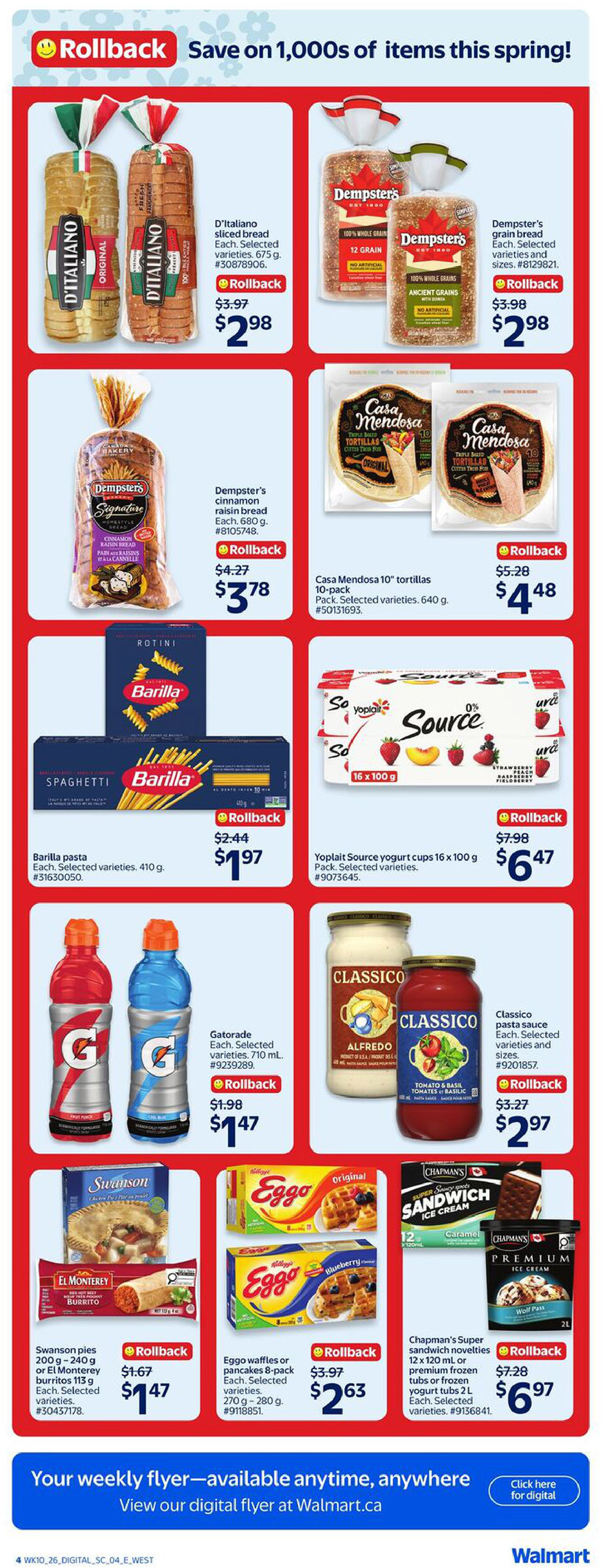 Walmart Canada flyer page 15 featuring various food items on rollback. Includes D'Italiano sliced bread for $2.98, Dempster's 100% whole grain bread for $2.98, and Dempster's cinnamon raisin bread for $3.78. Also featured are Casa Mendosa 10' tortillas, 10-pack, for $4.48, and Yoplait Source yogurt cups, 16 x 100 g, for $6.47. Pasta options include Barilla rotini and spaghetti for $1.97, and Classico pasta sauce for $2.97. Beverages include Gatorade, selected varieties, 710 mL, for $1.47. Frozen food deals include Swanson pies or El Monterey burritos for $1.47, Eggo waffles or pancakes 8-pack for $2.63, Chapman's Super sandwich novelties, 12 x 120 mL, for $6.97, and Chapman's premium frozen yogurt tubs, 2 L, for $6.97.