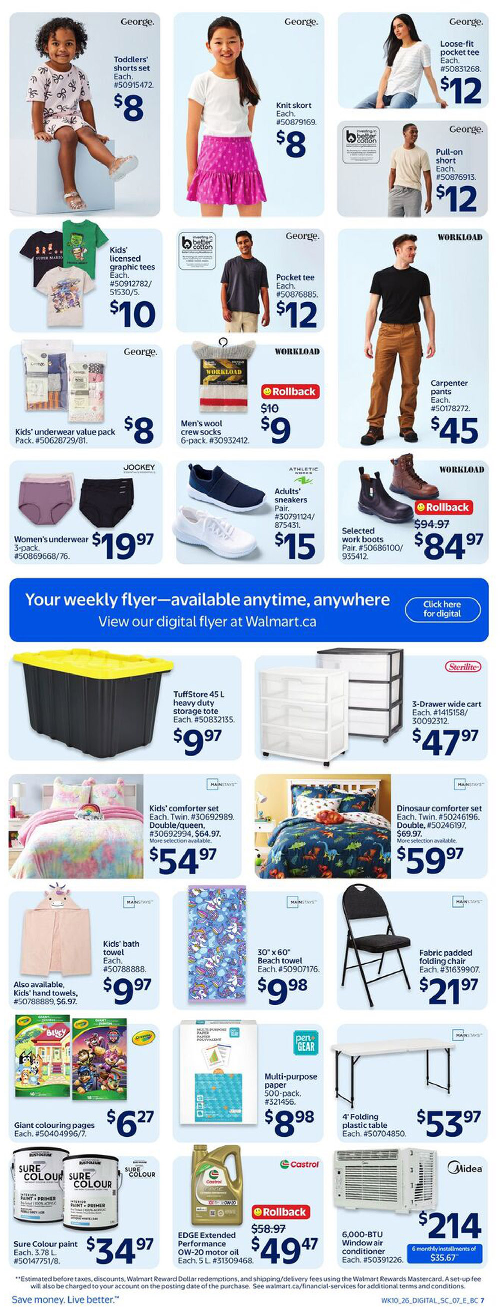 Walmart Canada Atlantic Canada weekly flyer specials page 18 features a variety of products. George. brand toddler's shorts set for $8, knit skirt for $8, loose-fit pocket tee for $12, and pull-on short for $12. Kids' licensed graphic tees are $10 and kids' underwear value pack is $8. Jockey brand women's underwear 3-pack is $19.97. Workload brand men's wool crew socks 6-pack are on rollback from $10 to $9. Carpenter pants are $45 and selected work boots are on rollback from $94.97 to $84.97. Athletic Works brand adults' sneakers pair for $15. TuffStore 45 L heavy duty storage tote is $9.97. Sterilite 3-drawer wide cart is $47.97. Mainstays brand kids' comforter set (twin, double/queen) is $54.97 and dinosaur comforter set (twin, double/queen) is $59.97. Kids' bath towel is $9.97. Mainstays 30' x 60' beach towel is $9.98. Fabric padded folding chair is $21.97. Giant colouring pages are $6.27. Pen + Gear multi-purpose paper 500-pack is $8.98. A 4' folding plastic table is $53.97. Sure Colour paint 3.78 L is $34.97. Castrol EDGE Extended Performance OW-20 motor oil 5 L is on rollback from $58.97 to $49.47. Midea 6,000-BTU window air conditioner is $214 with 6 monthly installments of $35.67.