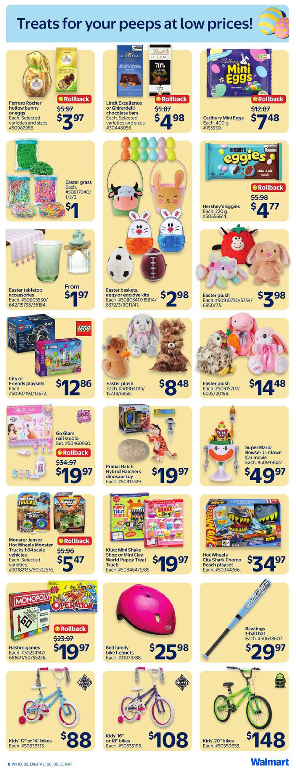 Walmart Canada flyer page featuring Easter treats and toys. Offers include Ferrero Rocher hollow bunny or eggs for $3.97, Lindt Excellence or Ghirardelli chocolate bars for $4.98, and Cadbury Mini Eggs for $7.48. Also available are Easter grass for $1, Easter baskets, eggs or dye kits for $2.98, and Hershey's Eggies for $4.77. Find Easter tabletop accessories from $1.97 and various Easter plush toys priced at $3.98, $8.48, and $14.48. Kids' toys include City or Friends playsets for $12.86, Go Glam nail studio set for $19.97, Primal Hatch Hybrid Hatchers dinosaur toy for $19.97, and Klutz Mini Shake Shop or Mini Clay World Puppy Treat Truck for $19.97. Monster Jam or Hot Wheels Monster Trucks are $5.47. For outdoor fun, check out Super Mario Bowser Jr. Clown Car movie for $49.97, Hot Wheels City Shark Chomp Beach playset for $34.97, Hasbro games like Monopoly or Operation for $19.97, Bell family bike helmets for $25.98, Rawlings t-ball bat for $29.97, and kids' bikes in 12'/14' for $88, 16'/18' for $108, and 20' for $148.