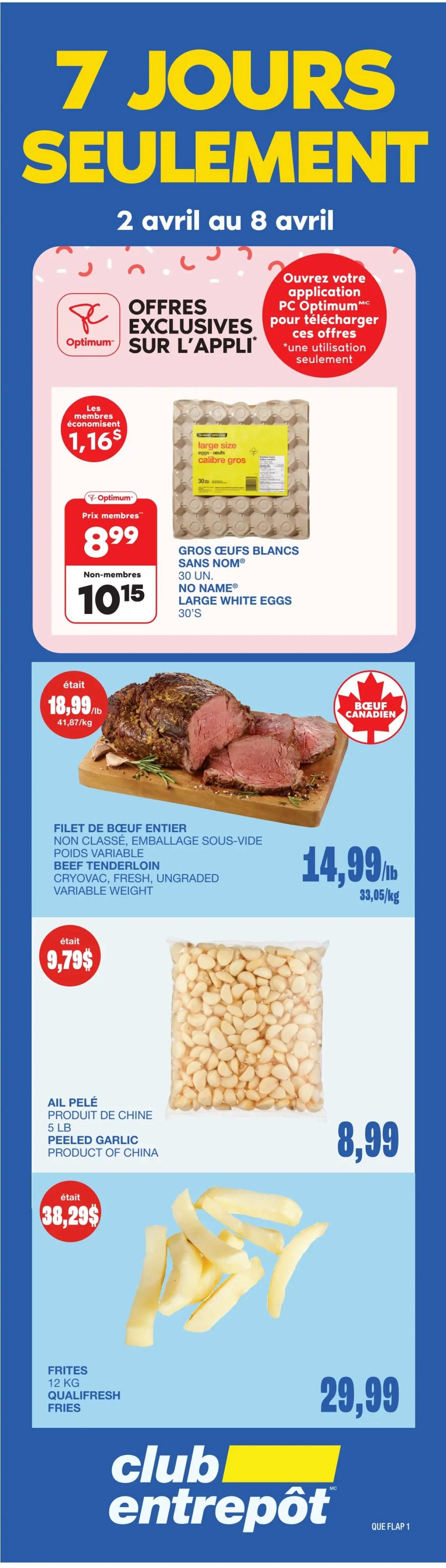 Wholesale Club flyer specials for Quebec, valid from April 2nd to April 22nd, 2026. Page 2 features several deals: Frozen appetizers and entrees, selected varieties, 1.8-5.4 kg for $22, originally $23.99. Gatorade sports drinks, 24 x 591 mL, selected varieties, for $20.99. Gallo Extra Virgin Olive Oil, 1 L, for $7.99, originally $14.99. Members save $7 on Charmin 24-96 mega rolls or Bounty paper towels, 8-24 triple rolls, selected varieties, for $22.99 for members and $29.99 for non-members. Fresh or frozen Olymel bacon, 5 kg, for $52.99. Jumbo white potatoes, product of Canada, 50 lb, for $19.99. Yellow onions, product of Canada, grade 1, 10 lb, for $3.99, originally $4.99. Also features 'Fresh Products of the Week' with '7 Days Only' deals. Join the PC Optimum club for free membership.