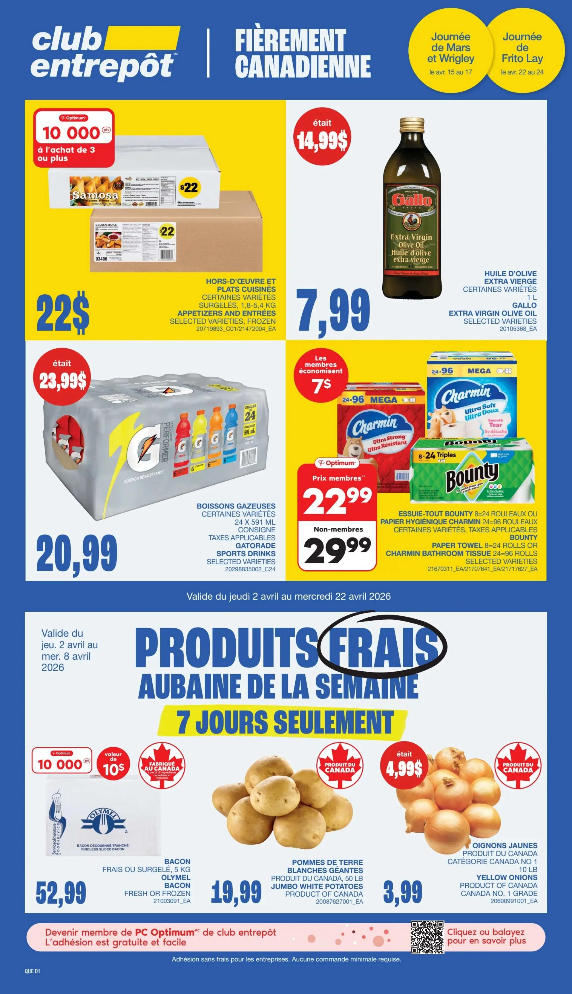 Wholesale Club flyer specials from April 2 to April 8. Exclusive offers available on the PC Optimum app, with members saving $1.16 on No Name Large White Eggs, 30's, priced at $8.99 for members and $10.15 for non-members. Featured is a Beef Tenderloin, cryovac, fresh, ungraded, variable weight, on sale for $14.99/lb (was $18.99/lb). Also available is 5 lb bag of Peeled Garlic, product of China, for $8.99 (was $9.79). Qualifresh Fries, 12 kg, are priced at $29.99.