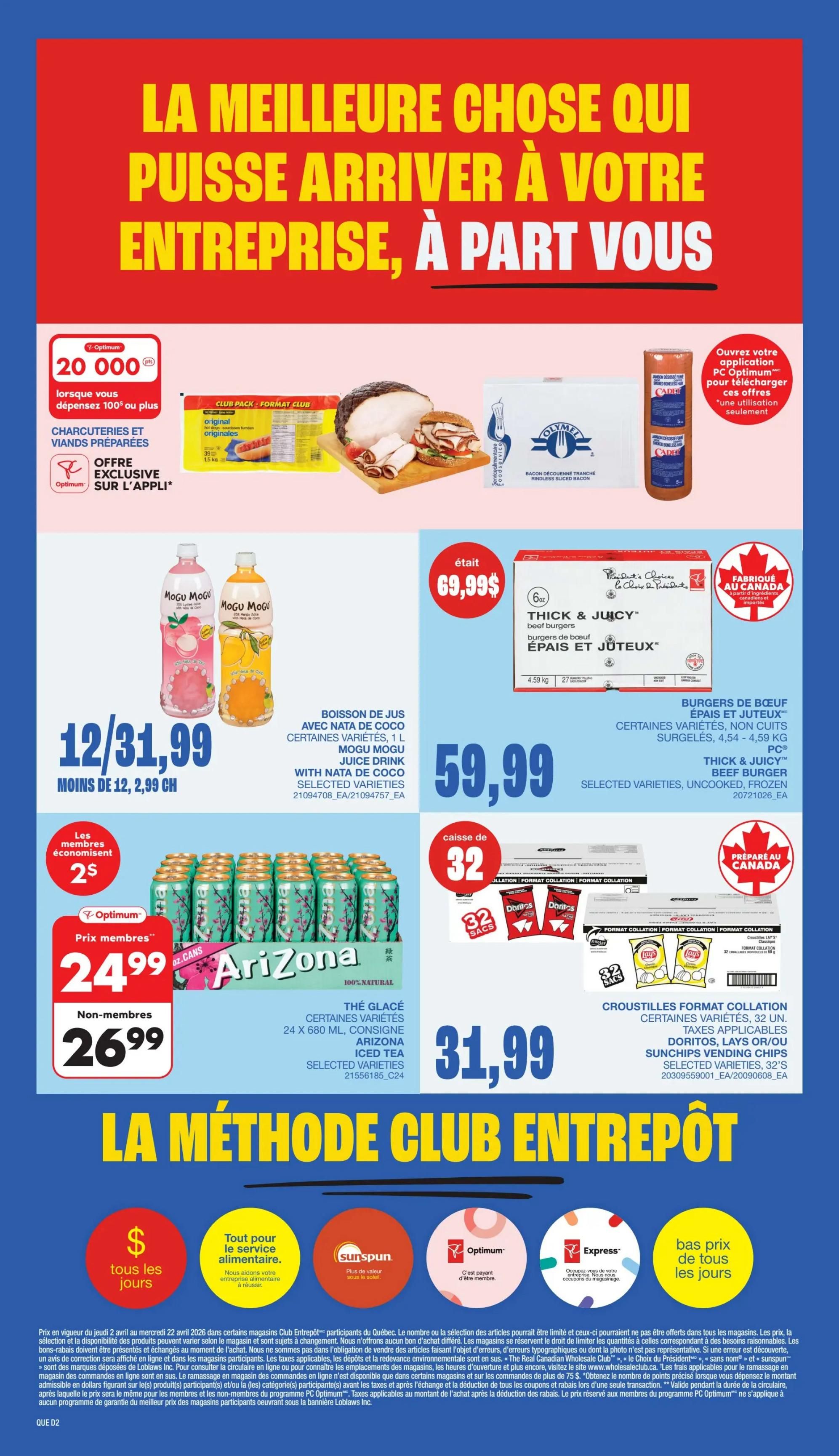Wholesale Club Quebec flyer specials page 4. Features a promotion for 20,000 Optimum points when you spend $100 or more on deli meats and prepared meats, with an exclusive offer on the app. Also on sale are Mogu Mogu juice drinks, 1 L, selected varieties for $12/31.99, saving $2.99 per case. Thick & Juicy beef burgers, 4.54-4.59 kg, selected varieties, uncooked, frozen, are priced at $59.99, down from $69.99. Arizona Iced Tea, 24 x 680 mL, selected varieties, is $24.99 for members and $26.99 for non-members, with members saving $2. Doritos, Lay's, or SunChips vending snacks, 32 bags per case, selected varieties, are on sale for $31.99. The page highlights 'The Warehouse Club Method' with icons for 'all day savings', 'food service', 'Sunspun', 'Optimum', and 'Express'.