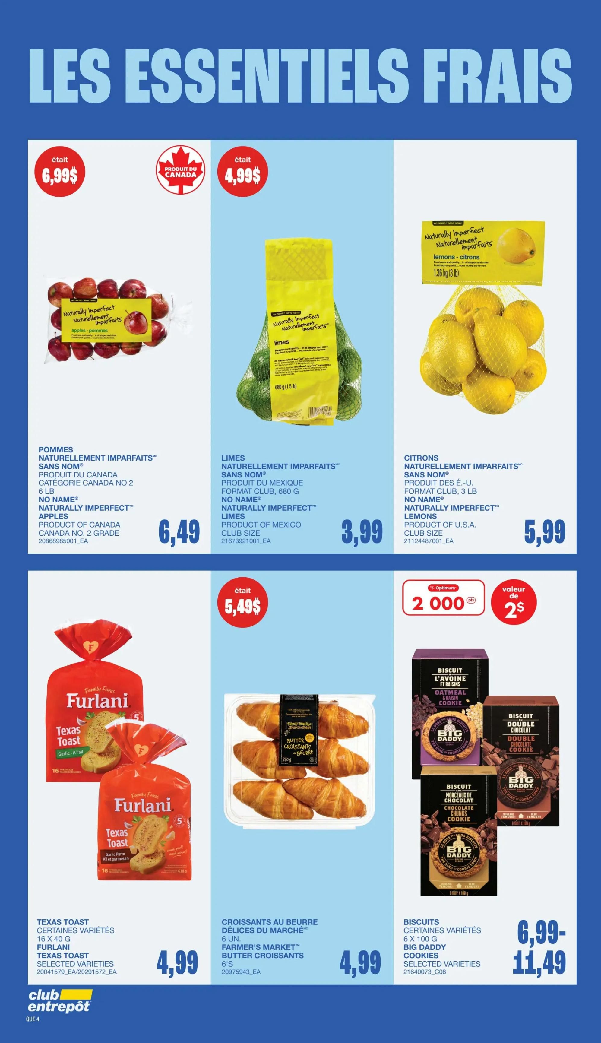 Wholesale Club flyer page 6 featuring fresh essentials. Naturally Imperfect Apples are $6.49. Naturally Imperfect Limes are $3.99. Naturally Imperfect Lemons are $5.99. Furlani Texas Toast, selected varieties, 16 x 40 g, is $4.99. Farmer's Market Butter Croissants, 6 units, are $4.99. Big Daddy Cookies, selected varieties, 6 x 100 g, range from $6.99 to $11.49.