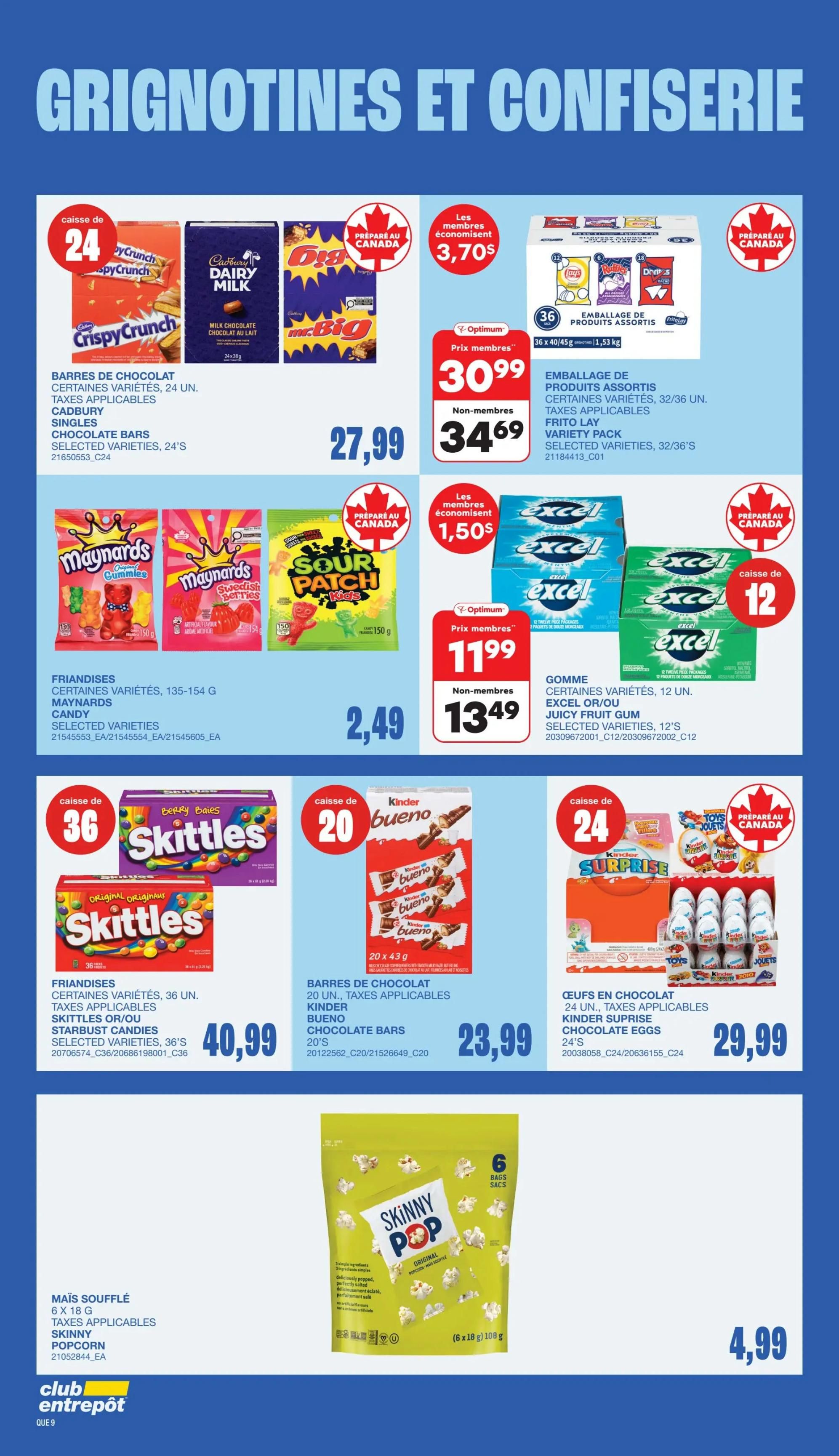 Wholesale Club flyer page featuring a selection of candies and snacks. Top row includes a 24-pack of Crispy Crunch, Dairy Milk, and Mr. Big chocolate bars for $27.99, and a Frito Lay variety pack (36/32 units) for $30.99 for members and $34.69 for non-members, with a $3.70 member savings. Also shown is a 12-pack of Excel Juicy Fruit Gum for $11.99 for members and $13.49 for non-members, with a $1.50 member savings. Middle row features Maynards and Sour Patch Kids candies for $2.49. Bottom row displays a 36-pack of Skittles or Starburst candies for $40.99, a 20-pack of Kinder Bueno chocolate bars for $23.99, and 24-pack of Kinder Surprise chocolate eggs for $29.99. A bag of Skinny Pop popcorn (6 x 18g bags) is priced at $4.99.