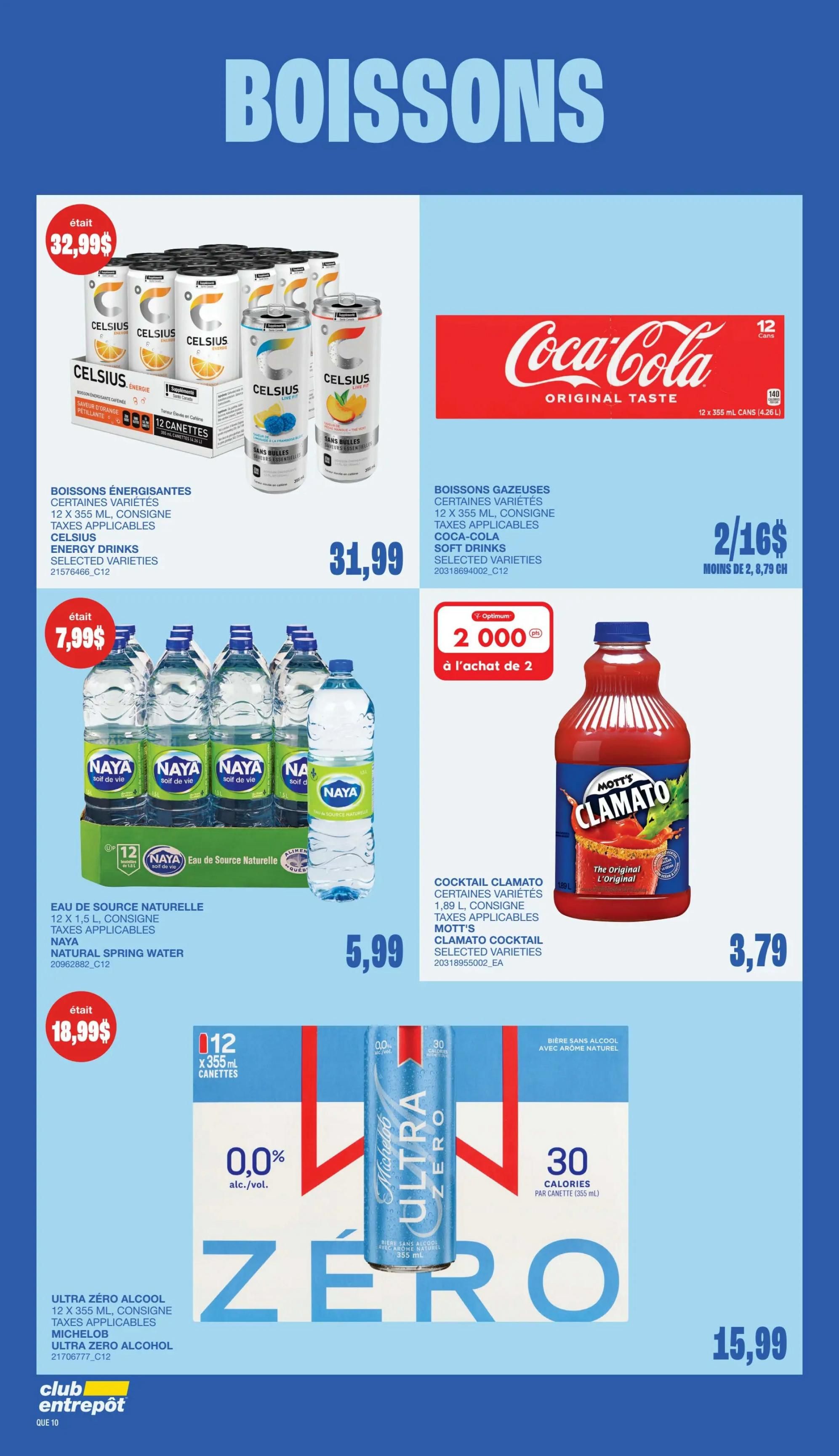Wholesale Club flyer specials page 12 featuring a variety of beverages. Top left: Celsius energy drinks, 12 x 355 mL cans, selected varieties, on sale for $31.99. Top right: Coca-Cola soft drinks, 12 x 355 mL cans, selected varieties, on sale for 2 for $16. Middle left: Naya natural spring water, 12 x 1.5 L bottles, on sale for $7.99. Middle right: Mott's Clamato cocktail, 1.89 L bottle, selected varieties, on sale for $3.79, with an Optimum offer of 2,000 points when purchasing 2. Bottom: Michelob Ultra Zero alcohol, 12 x 355 mL cans, selected varieties, on sale for $15.99, with 30 calories per can.
