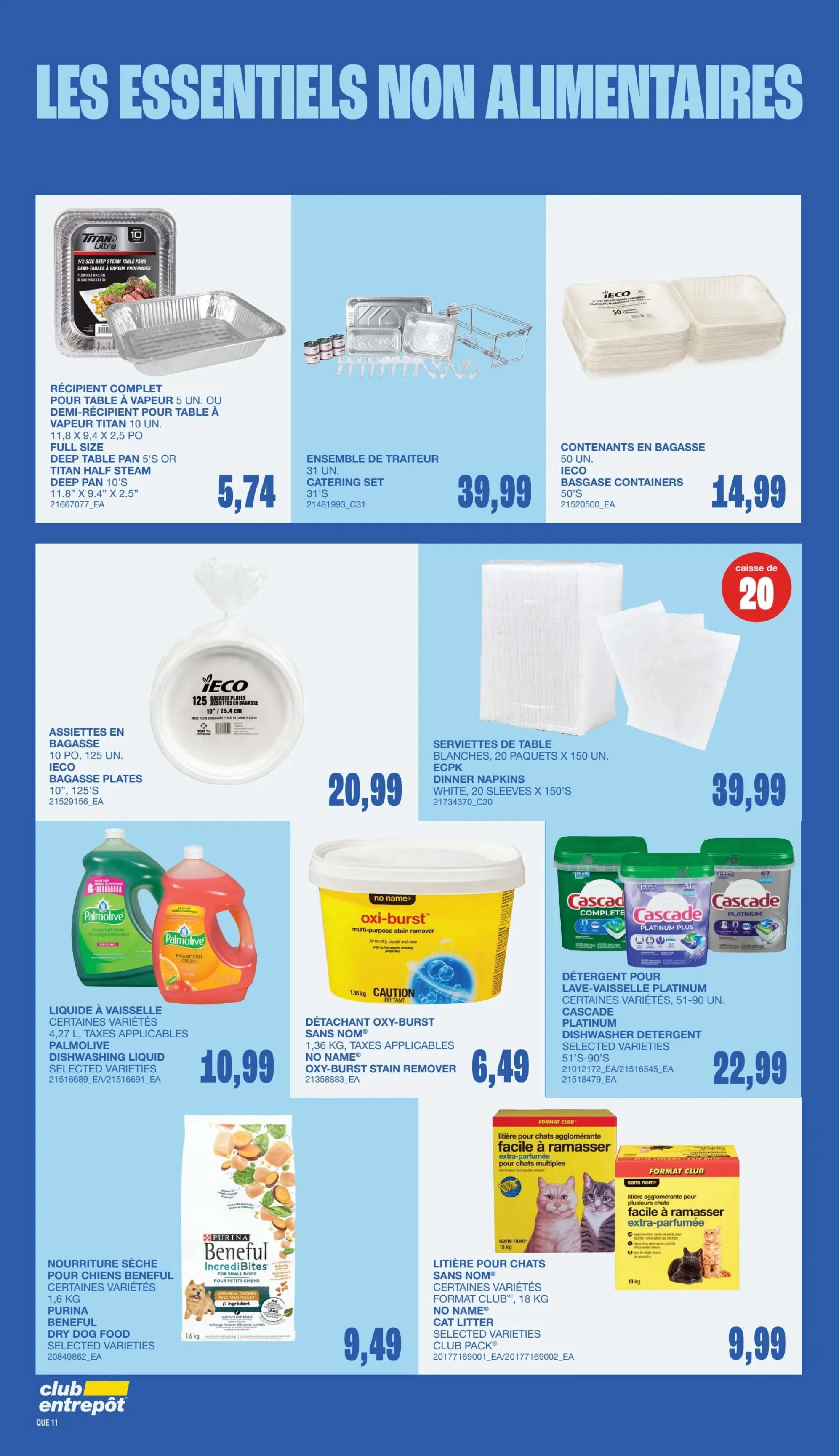 Wholesale Club flyer page 13 features non-food essentials. Top row includes Titan Half Steam Deep Table Pans (5's or 10's) for $5.74, a 31-piece Catering Set for $39.99, and IECO 50-count Bagasse Containers for $14.99. Middle row showcases IECO 10' Bagasse Plates (125 count) for $20.99, white Dinner Napkins (20 packs x 150 count) for $39.99, Palmolive Dishwashing Liquid (4.27L, selected varieties) for $10.99, No Name Oxy-Burst Multi-Purpose Stain Remover (1.36 kg) for $6.49, and Cascade Platinum Dishwasher Detergent (51-90 count, selected varieties) for $22.99. Bottom row features Purina Beneful Dry Dog Food (1.6 kg, selected varieties) for $9.49, and No Name Cat Litter (18 kg, selected varieties, club pack) for $9.99.