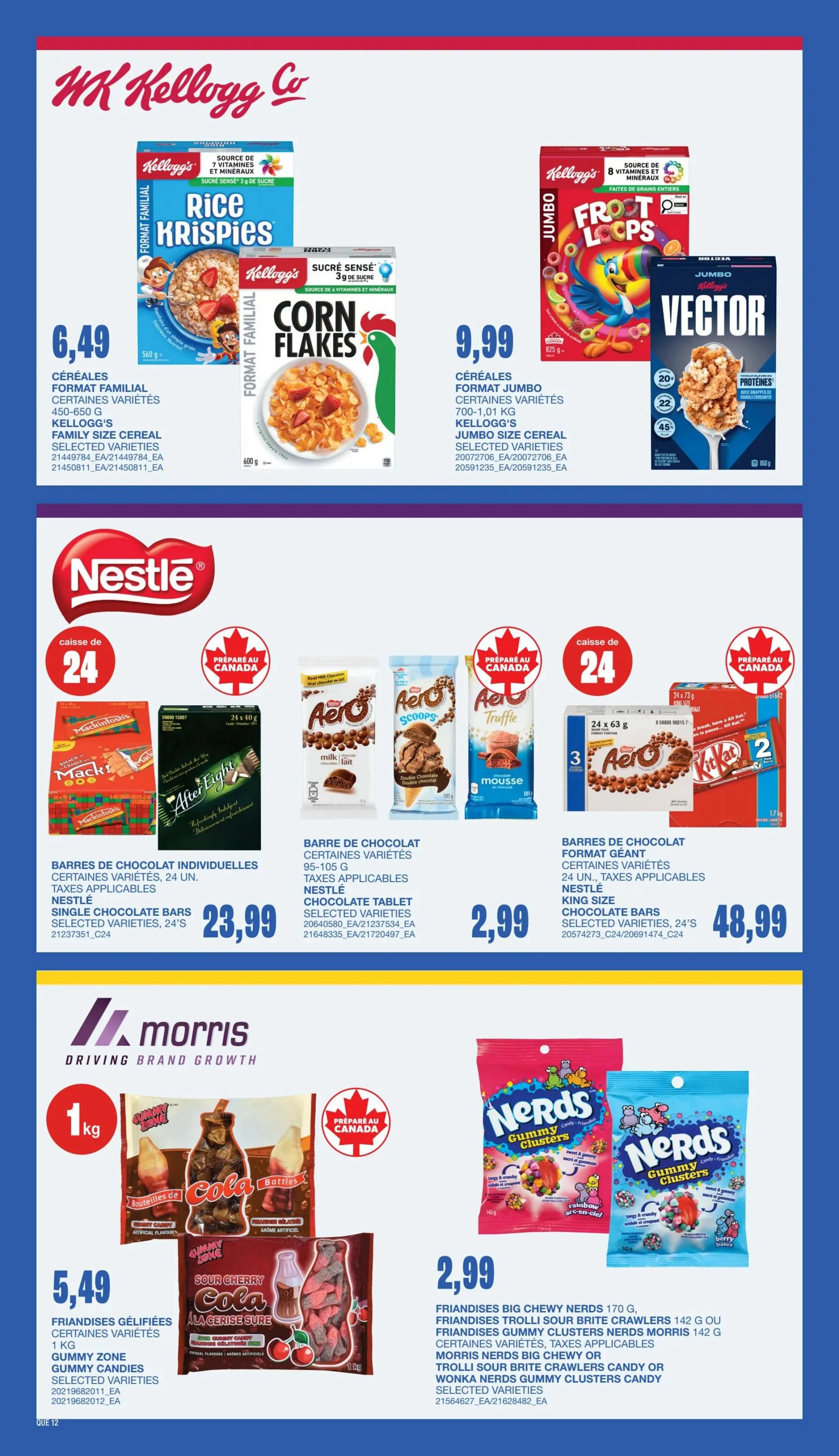 Wholesale Club flyer page 14 featuring Kellogg's Rice Krispies Family Size Cereal for $6.49 and Kellogg's Corn Flakes Family Size Cereal for $6.49. Also available are Kellogg's Jumbo Size Frost Loops and Vector Cereal for $9.99 each. Nestle offers a 24-pack of Mackintosh and After Eight Single Chocolate Bars for $23.99. Aero Chocolate Bars in various flavours like Truffle and Scoops are $2.99. A 24-pack of Aero King Size Chocolate Bars is $48.99. Gummy Zone Cola Bottles and Sour Cherry Cola Bottles are $5.49 per kg. Nerds Gummy Clusters and Trolli Sour Brite Crawlers are $2.99.