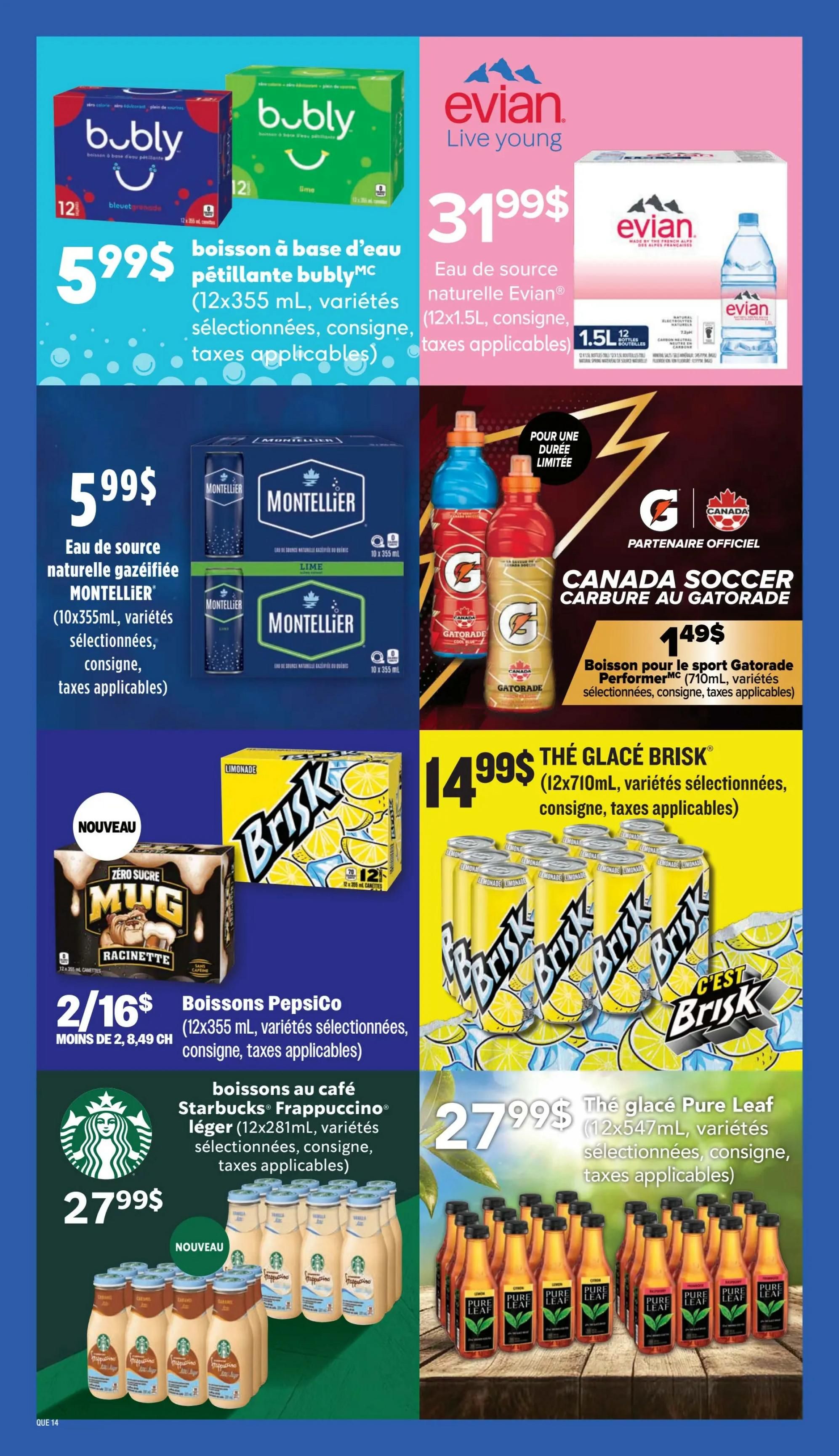 Wholesale Club flyer page featuring various beverage deals. Top left: Bubly sparkling water (12x355 mL, assorted varieties) for $5.99. Next to it, Evian natural spring water (12x1.5L) for $31.99. Below Bubly, Montpellier sparkling water (10x355 mL, assorted varieties) is $5.99. To the right, Gatorade Performer sports drink (710mL, assorted varieties) is $1.49, part of the Canada Soccer promotion. Below that, Brisk iced tea (12x710mL, assorted varieties) is $14.99. Bottom left: PepsiCo beverages (12x355 mL, assorted varieties) are 2 for $16, or $8.49 each. Below that, Starbucks Frappuccino light coffee drinks (12x281mL, assorted varieties) are $27.99. Bottom right: Pure Leaf iced tea (12x547mL, assorted varieties) is $27.99.