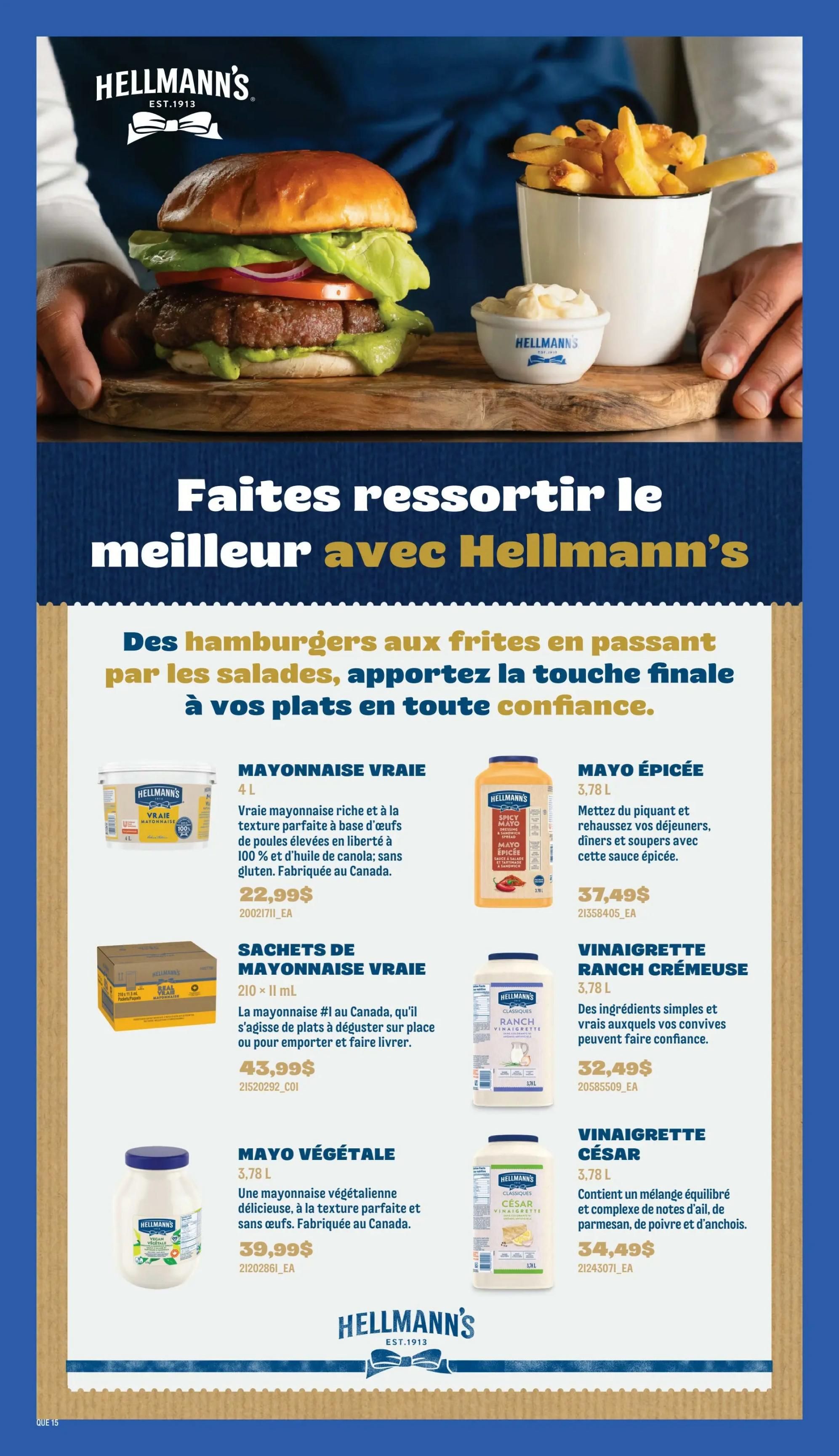 Wholesale Club flyer page 17 featuring Hellmann's products. The page showcases a large image of a burger and fries, with the tagline 'Make the best with Hellmann's'. Featured products include Hellmann's Real Mayonnaise 4L for $22.99, Hellmann's Real Mayonnaise Sachets 210 x 11 mL for $43.99, and Hellmann's Vegetable Mayo 3.78 L for $39.99. Also available are Hellmann's Spicy Mayo 3.78 L for $37.49, Hellmann's Creamy Ranch Vinaigrette 3.78 L for $32.49, and Hellmann's Caesar Vinaigrette 3.78 L for $34.49. The page highlights the versatility of Hellmann's products for burgers, fries, salads, and more.