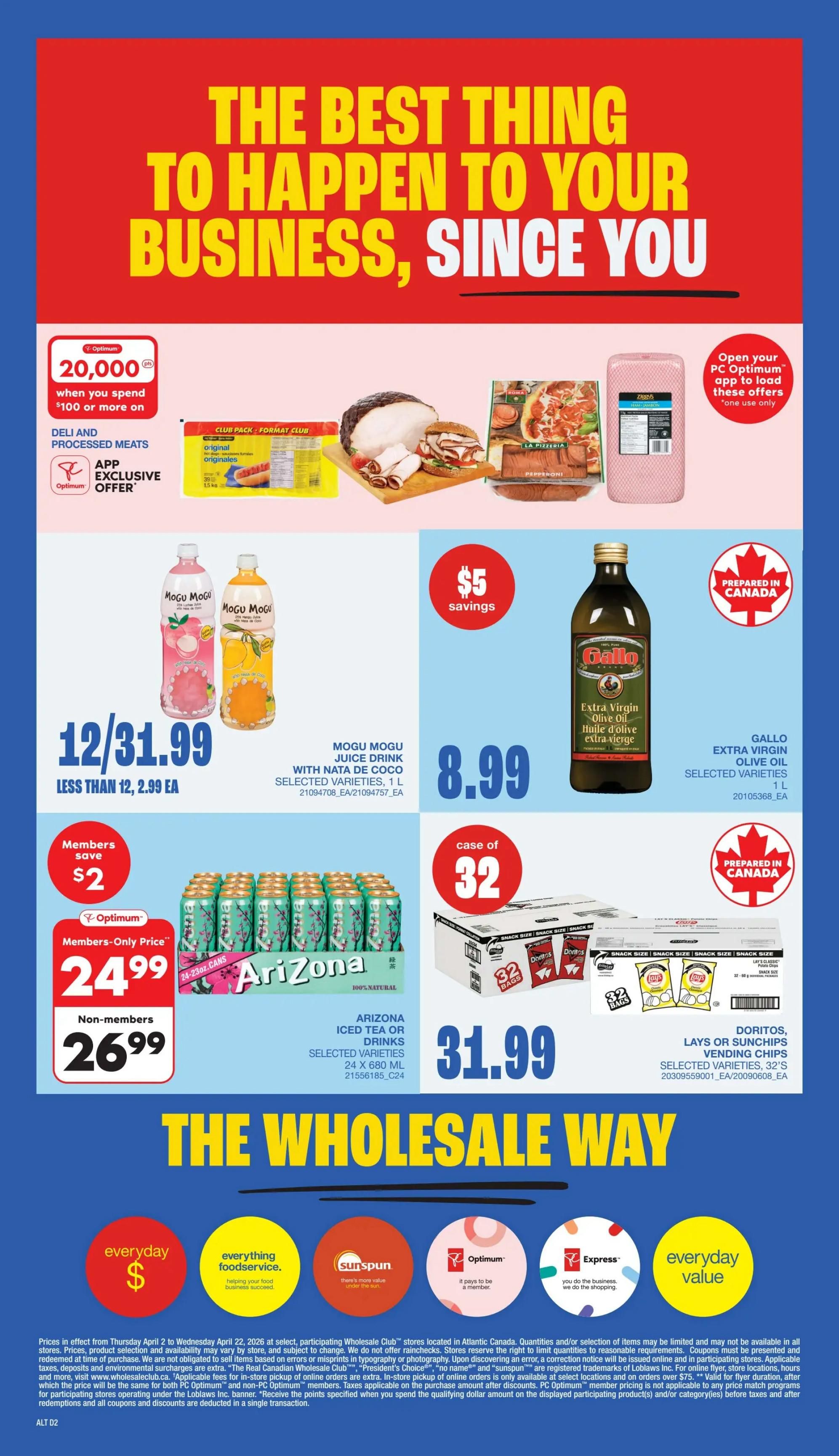 Wholesale Club Atlantic Canada flyer specials page 2. Features a PC Optimum offer for 20,000 points when you spend $100 or more on Deli and Processed Meats. Also includes Mogu Mogu Juice Drink with Nata de Coco, selected varieties, 1 L, for 12 for $31.99 or less than 12 for $2.99 each. Gallo Extra Virgin Olive Oil, selected varieties, 1 L, is on sale for $8.99 with $5 savings. Arizona Iced Tea or Drinks, selected varieties, 24 x 680 mL cans, is $24.99 for members and $26.99 for non-members, with members saving $2. Doritos, Lays or SunChips Vending Chips, selected varieties, 32's, are priced at $31.99. The page highlights 'The Wholesale Way' with icons for 'everyday $', 'everything foodservice', 'sunspun', 'Optimum', 'Express', and 'everyday value'.