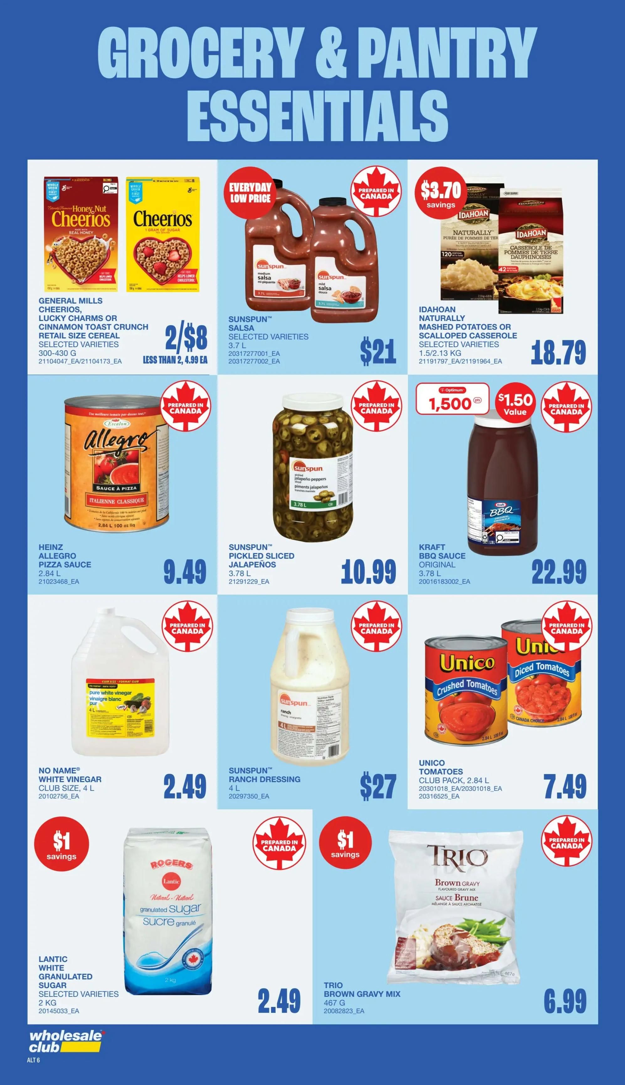 Wholesale Club grocery and pantry essentials flyer for Atlantic Canada, page 6. Featured items include General Mills Cheerios, Lucky Charms, or Cinnamon Toast Crunch cereal for 2 for $8 (less than 2, $4.99 ea). Sunspun Salsa in selected varieties, 3.7 L, is $21. Idahoan Naturally Mashed Potatoes or Scalloped Casserole in selected varieties, 1.5/2.13 kg, is $18.79 with $3.70 savings. Heinz Allegro Pizza Sauce, 2.84 L, is $9.49. Sunspun Pickled Sliced Jalapeños, 3.78 L, is $10.99. Kraft BBQ Sauce Original, 3.78 L, is $22.99. No Name White Vinegar Club Size, 4 L, is $2.49 with $1 savings. Sunspun Ranch Dressing, 4 L, is $27. Unico Tomatoes Club Pack, 2.84 L, is $7.49. Lantic White Granulated Sugar, selected varieties, 2 kg, is $2.49. Trio Brown Gravy Mix, 467 g, is $6.99.