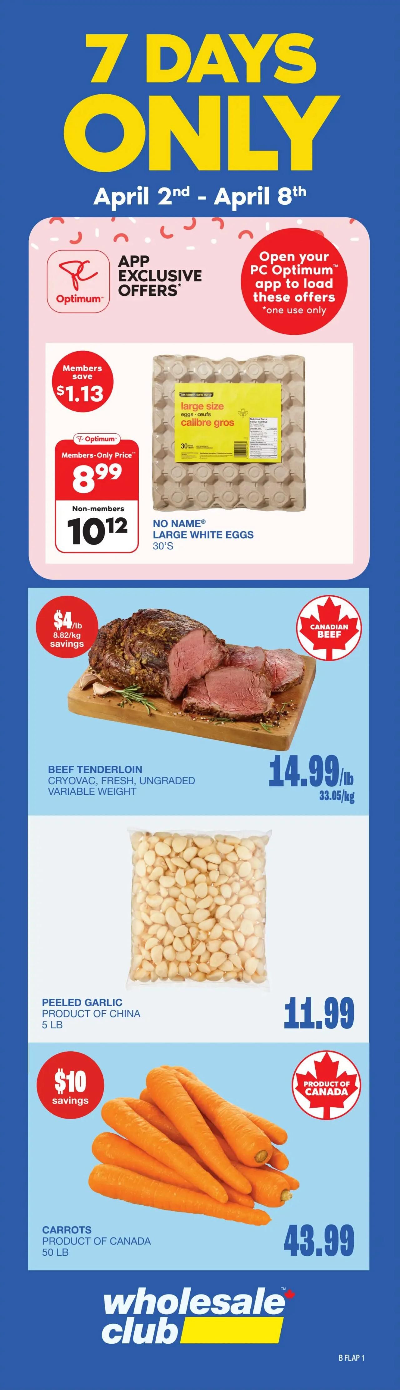 Wholesale Club flyer specials for Western Canada, page 2. Offers include 10,000 PC Optimum points when you buy 3 or more of Appetizers and Entrees, selected varieties, frozen, 1.8-5.4 kg for $22. Thick & Juicy beef burgers, 4.59 kg, are $59.99 with $10 savings. Gallo Extra Virgin Olive Oil, selected varieties, 1 L, is $7.99 with $6 savings. Gatorade Sports Drinks, selected varieties, 24 x 591 mL, are $20.99 with $3 savings. Members save $7 on Bounty Paper Towel, 8-24 rolls or Charmin Bathroom Tissue, 24-96 rolls, selected varieties, for a members-only price of $22.99 (non-members pay $29.99). Fresh Deals of the Week, valid for 7 days only, include Chicken Breast, boneless, skinless, seasoned, frozen, 4 kg for $39.99 for members (non-members pay $49.99) with $10 savings. No Name Naturally Imperfect Red or Russet Potatoes, 20 lb, are $7.99. Yellow Onions, product of Canada, 10 lb, are $5.99. The flyer is effective Thursday, April 2 to Wednesday, April 22, 2026.