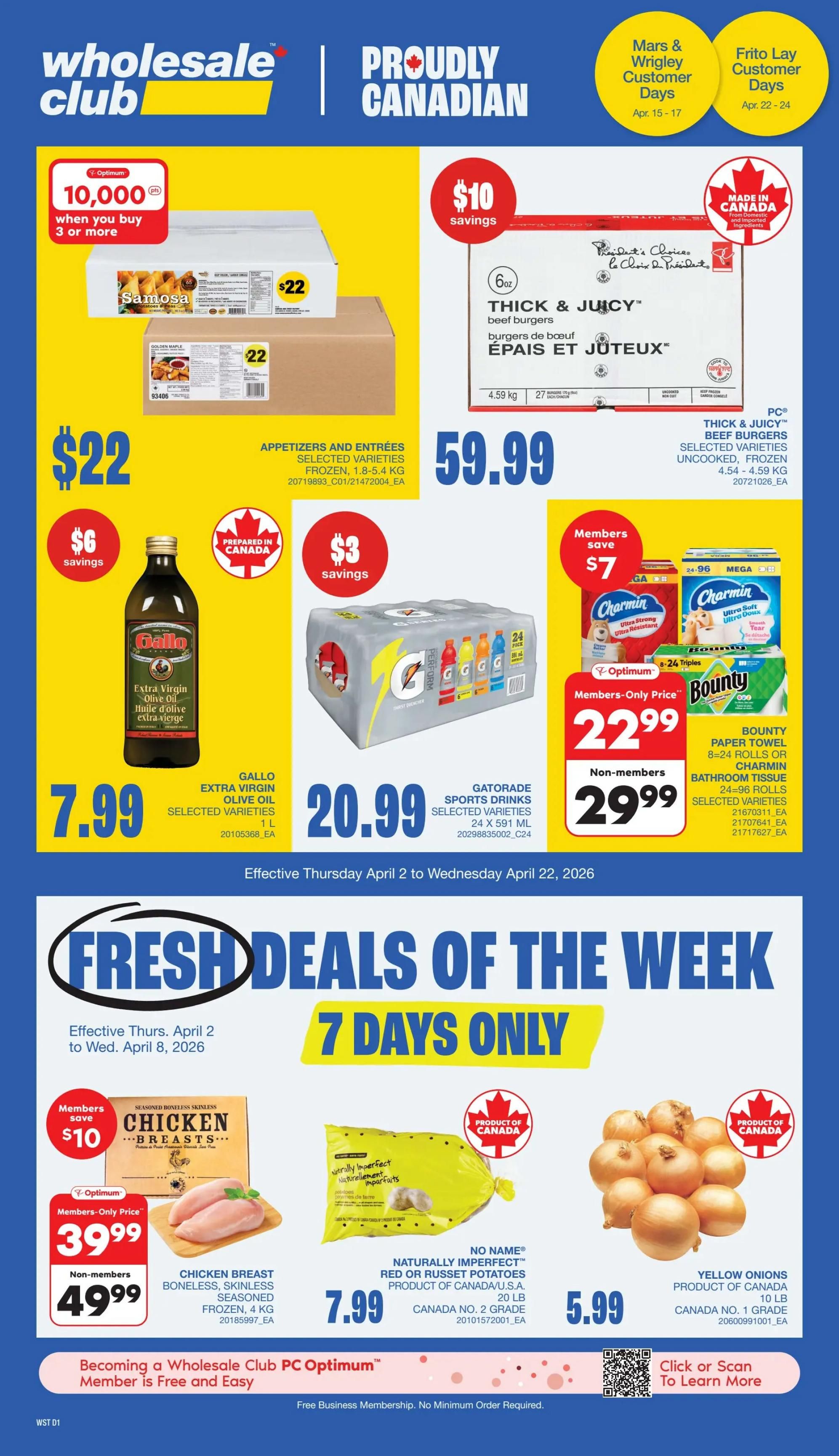 Wholesale Club flyer specials, valid April 2nd - April 8th. Featuring 7 Days Only deals. App exclusive offers include No Name Large White Eggs, 30's, for a members-only price of $8.99 (non-members pay $10.12), with members saving $1.13. Also available is Beef Tenderloin, cryovac, fresh, ungradable, variable weight, for $14.99/lb ($33.05/kg), with $4/lb savings. Peeled Garlic, product of China, 5 lb bag, is priced at $11.99. Carrots, product of Canada, 50 lb bag, are on sale for $43.99 with $10 savings.