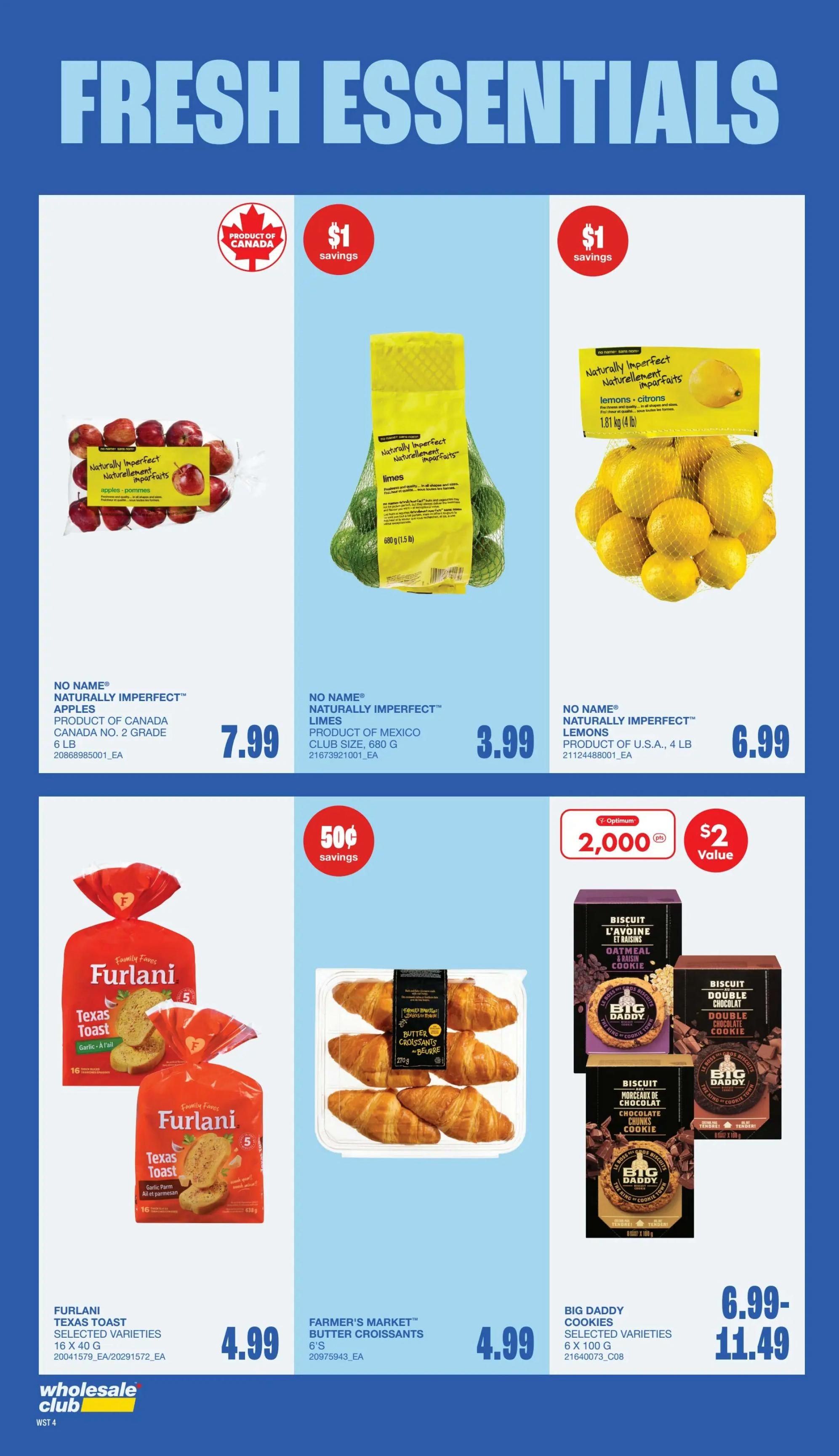 Wholesale Club flyer page 5 featuring Fresh Essentials. Top row includes No Name Naturally Imperfect Apples, 6 lb bag for $7.99, No Name Naturally Imperfect Limes, 680 g for $3.99, and No Name Naturally Imperfect Lemons, 4 lb for $6.99. All three fruit items offer $1 savings. Bottom row features Furlani Texas Toast Selected Varieties, 16 x 40 g for $4.99, Farmer's Market Butter Croissants, 6's for $4.99 with 50¢ savings, and Big Daddy Cookies, selected varieties, 6 x 100 g for $6.99-$11.49 with an Optimum offer of 2,000 points for $2 value.