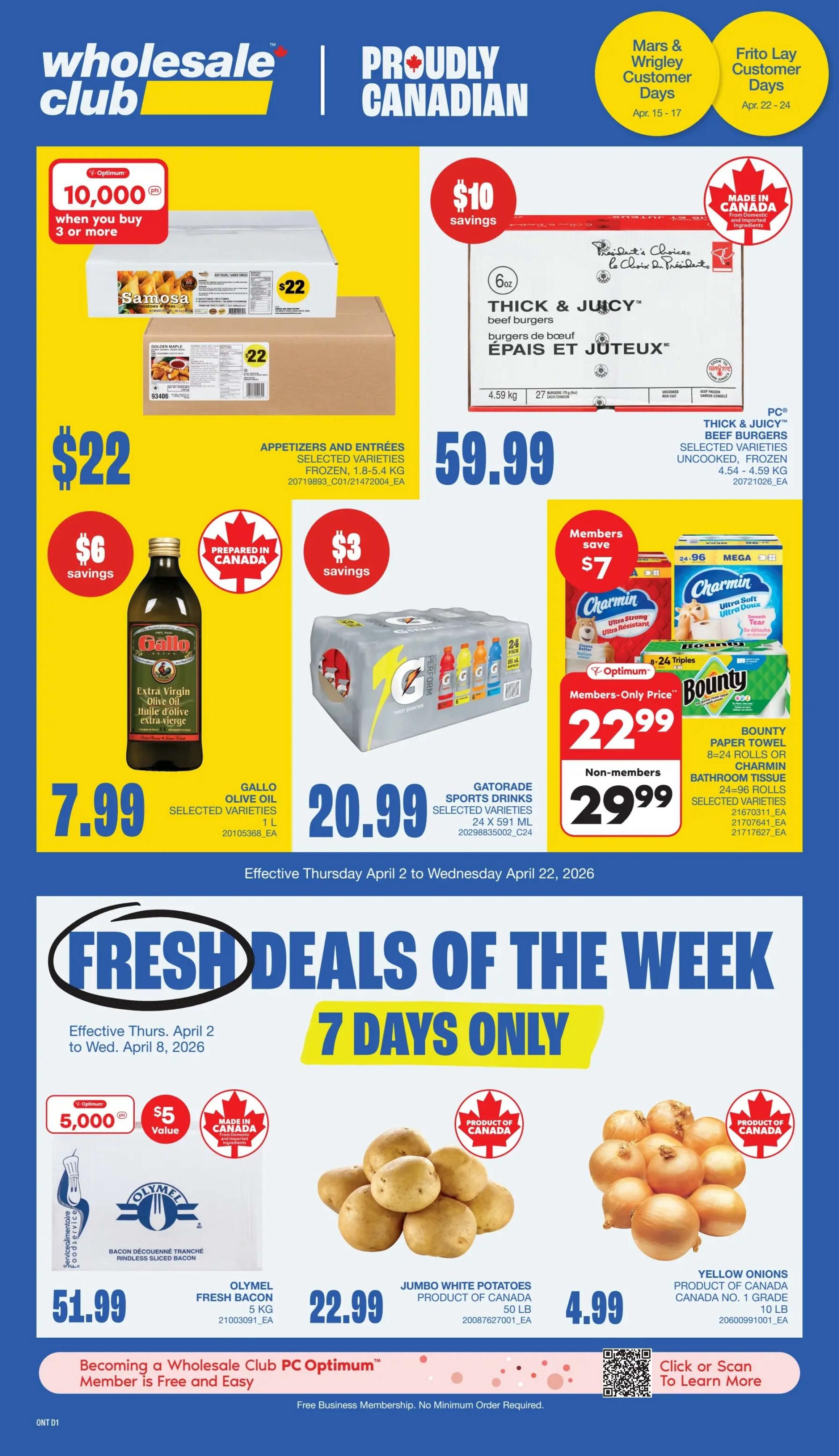 Wholesale Club flyer featuring 7 Days Only specials from April 2nd to April 8th. App exclusive offers are available. Members save $1.01 on NO NAME Large White Eggs, 30's, priced at $8.99 for members and $10 for non-members. Beef Tenderloin, cryovac, fresh, ungradable, variable weight, is on sale for $14.99/lb with $4/lb savings. Spanish Onions, product of U.S.A., 50 lb bag, are priced at $21.99. Peeled Garlic, product of China, 3 lb bag, costs $4.99.