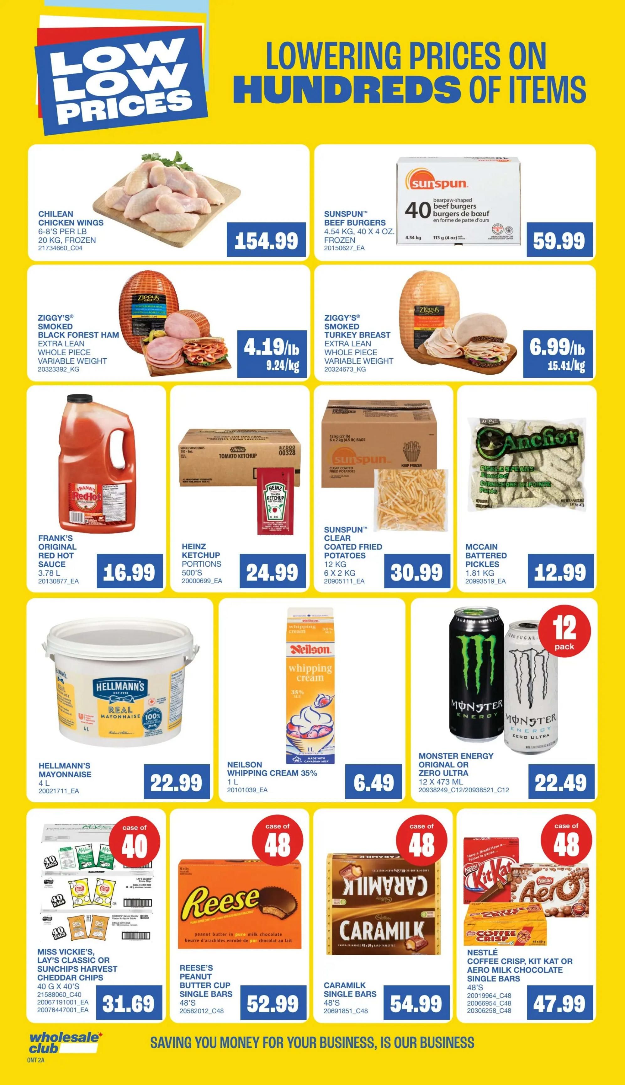 Wholesale Club flyer specials page 3 features a variety of food items. Top row includes Chilean chicken wings for $154.99, Sunspun bear-paw shaped beef burgers (4.54 kg) for $59.99. Middle row showcases Ziggy's smoked black forest ham at $4.19/lb (9.24/kg), Ziggy's smoked turkey breast at $6.99/lb (15.41/kg), Frank's Original Red Hot Sauce (3.78 L) for $16.99, Heinz ketchup portions (500's) for $24.99, Sunspun clear coated fried potatoes (12 kg) for $30.99, and McCain battered pickles (1.81 kg) for $12.99. Bottom row features Hellmann's mayonnaise (4 L) for $22.99, Neilson whipping cream (35%, 1 L) for $6.49, and a 12-pack of Monster Energy Original or Zero Ultra for $22.49. Also available are Miss Vickie's, Lay's Classic or Sunchips Harvest Cheddar Chips (case of 40) for $31.69, Reese's Peanut Butter Cup single bars (case of 48) for $52.99, Caramilk single bars (case of 48) for $54.99, and Nestlé Coffee Crisp, Kit Kat or Aero milk chocolate single bars (case of 48) for $47.99.