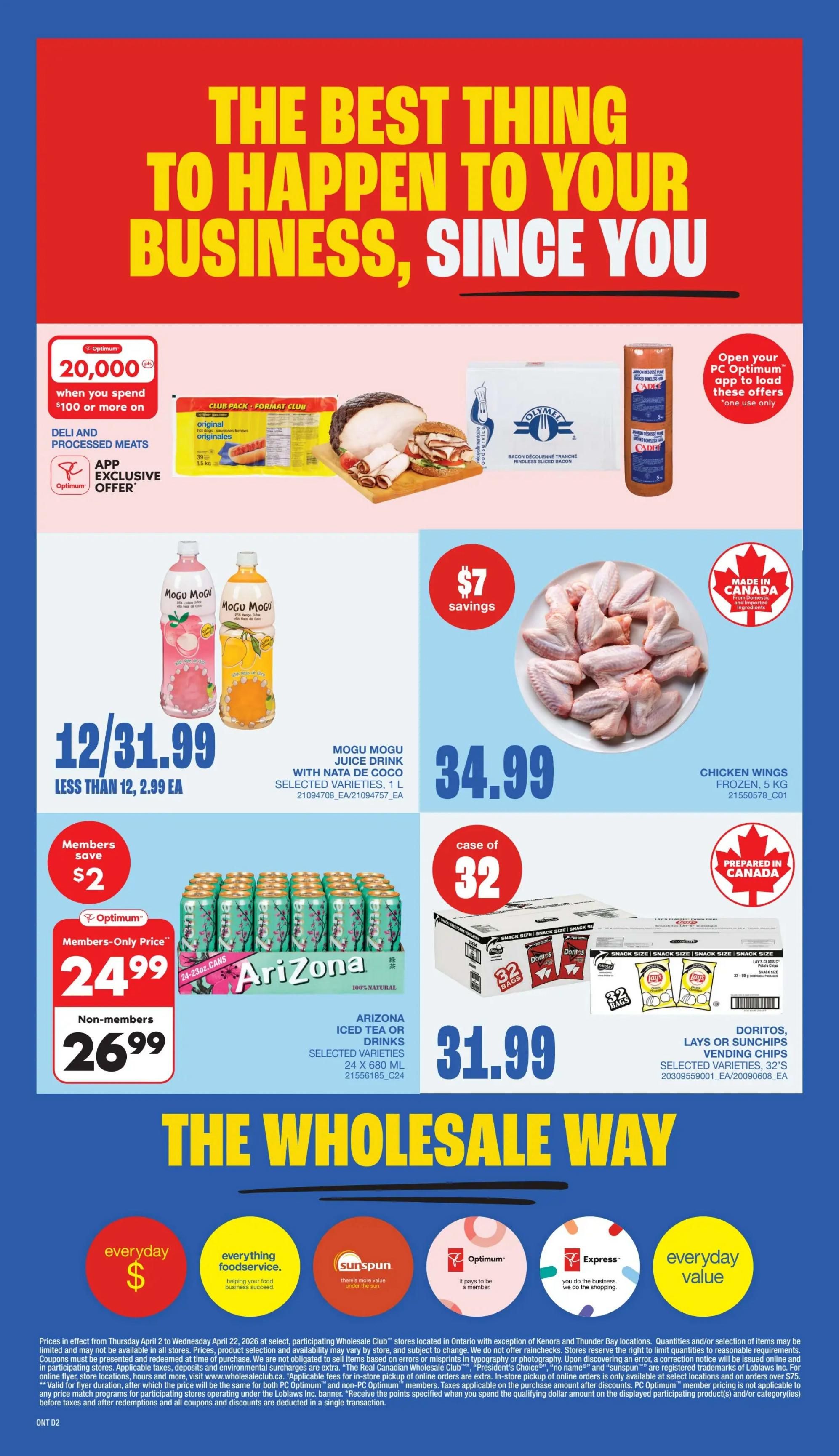 Wholesale Club Ontario flyer page 4 features a 'The Best Thing To Happen To Your Business, Since You' headline. Offers include 20,000 PC Optimum points when you spend $100 or more on Deli and Processed Meats, with an app exclusive offer. Also featured are Mogu Mogu Juice Drinks with Nata de Coco in selected varieties, 1 L, for 12 for $31.99, or less than $2.99 each. Chicken Wings, frozen, 5 kg, are on sale for $34.99 with $7 savings. Arizona Iced Tea or Drinks, selected varieties, 24 x 680 mL, is $24.99 for members (non-members pay $26.99), with members saving $2. Doritos, Lays or Sunchips Vending Chips, selected varieties, 32 bags, are priced at $31.99. The bottom of the page highlights 'The Wholesale Way' with icons for Everyday $, Everything Foodservice, Sunspun, Optimum, Express, and Everyday Value.