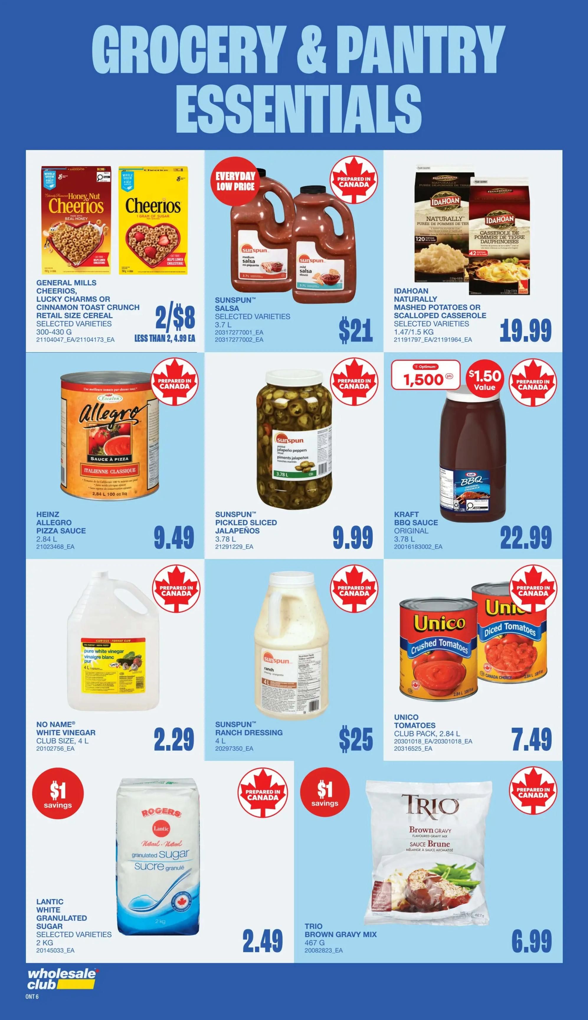 Wholesale Club flyer page 8 features Grocery & Pantry Essentials. Offers include General Mills Cheerios, Lucky Charms or Cinnamon Toast Crunch cereal for 2 for $8, Sunspun Salsa (3.7 L) for $21, and Idahoan Mashed Potatoes or Scalloped Casserole (1.47/1.5 kg) for $19.99. Also featured are Heinz Allegro Pizza Sauce (2.84 L) for $9.49, Sunspun Pickled Sliced Jalapeños (3.78 L) for $9.99, and Kraft BBQ Sauce Original (3.78 L) for $22.99. Additional items include No Name White Vinegar (4 L) for $2.29 with $1 savings, Sunspun Ranch Dressing (4 L) for $25, Unico Tomatoes (2.84 L) for $7.49, Lantic White Granulated Sugar (2 kg) for $2.49, and Trio Brown Gravy Mix (467 g) for $6.99.