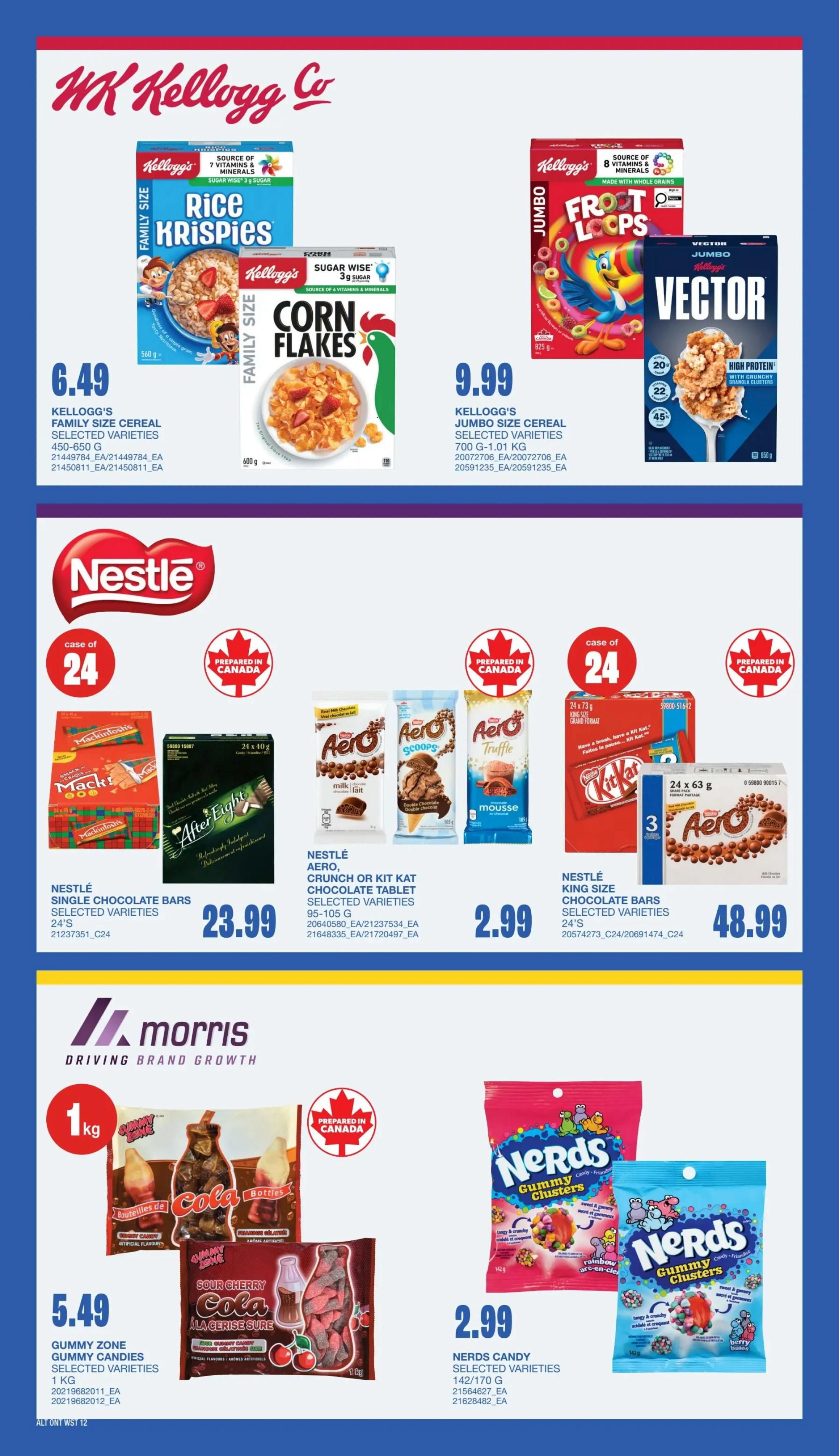 Wholesale Club flyer page featuring Kellogg's cereals including Rice Krispies for $6.49 and Corn Flakes for $9.99. Also on sale are Kellogg's Jumbo Size Cereals, Frost Loops and Vector, both for $9.99. Nestle offers a case of 24 Mackintosh Toffee or After Eight chocolate bars for $23.99. Aero or Kit Kat chocolate bars are $2.99, and a case of 24 Nestle King Size chocolate bars, including Aero, is $48.99. Morris brand Gummy Zone Gummy Candies in Cola Bottles and Sour Cherry flavours are $5.49 per 1kg bag. Nerds Candy Gummy Clusters in selected varieties are $2.99 for 142/170g bags.