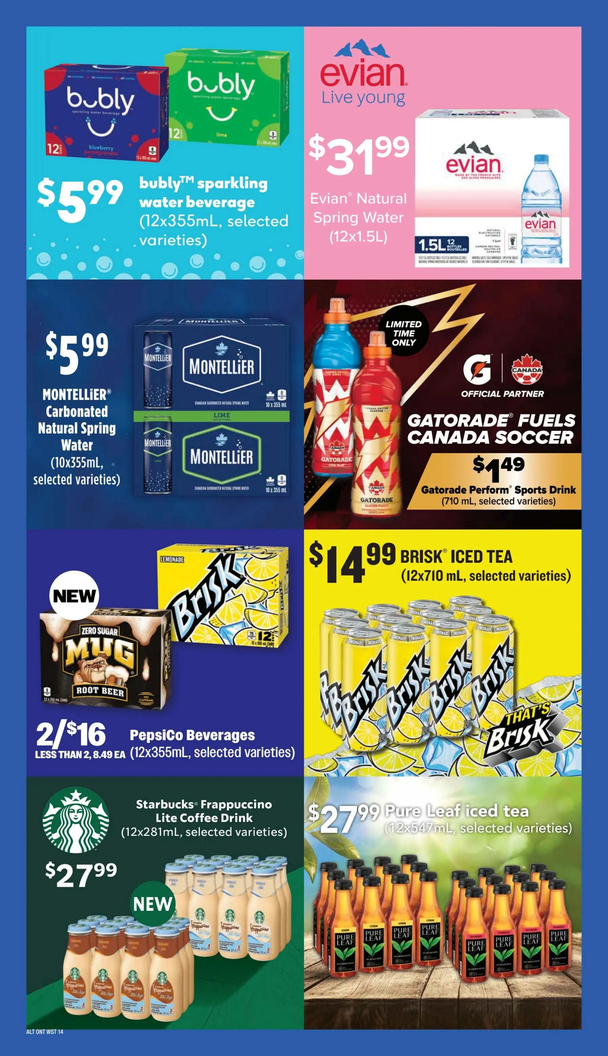 Wholesale Club flyer page 16 featuring beverage specials. Top left: bubly sparkling water beverage, 12x355mL, selected varieties, for $5.99. Top right: Evian Natural Spring Water, 12x1.5L, for $31.99. Middle left: Montellier Carbonated Natural Spring Water, 10x355mL, selected varieties, for $5.99. Middle right: Gatorade Perform Sports Drink, 710 mL, selected varieties, for $1.49, part of the Gatorade Fuels Canada Soccer promotion. Bottom left: NEW Root Beer Mug, 12x470mL, and PepsiCo Beverages, 12x355mL, selected varieties, for 2/$16 (less than 2, $8.49 each). Bottom middle: Starbucks Frappuccino Lite Coffee Drink, 12x281mL, selected varieties, for $27.99. Bottom right: Pure Leaf iced tea, 12x547mL, selected varieties, for $27.99. Also featured is Brisk Iced Tea, 12x710 mL, selected varieties, for $14.99.