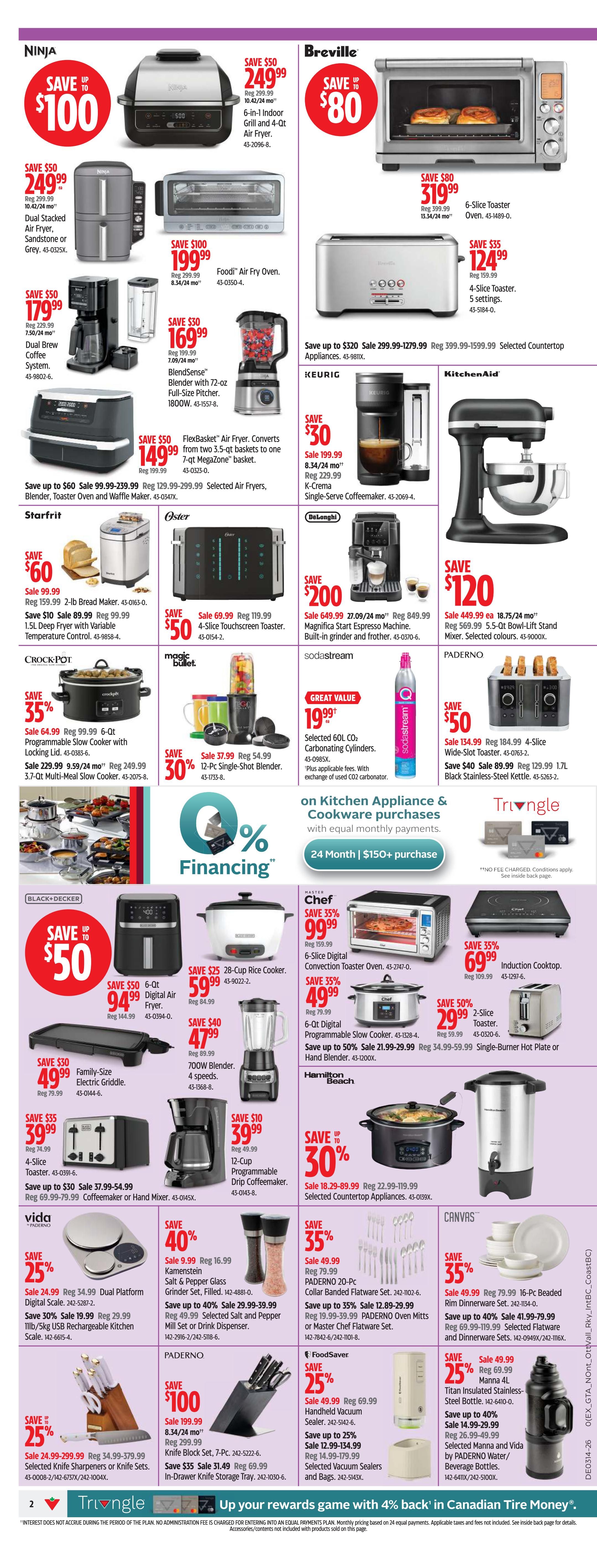 Canadian Tire weekly flyer specials page 2 features a wide selection of kitchen appliances and cookware. Top deals include the Ninja 6-in-1 Indoor Grill and Air Fryer for $249.99 (save $50), Breville 6-Slice Toaster Oven for $319.99 (save $80), and a KitchenAid 5.5-Qt Bowl-Lift Stand Mixer for $449.99 (save $120). Other featured items include a Ninja Dual Stacked Air Fryer for $249.99, a Breville 4-Slice Toaster for $124.99, and a DeLonghi Magnifica Espresso Machine for $649.99. Small appliances on sale include a Starfrit 2-lb Bread Maker for $89.99, a Crock-Pot 6-Qt Slow Cooker for $64.99, and a Magic Bullet 12-Pc Single-Shot Blender for $37.99. There are also deals on a Black+Decker 6-Qt Digital Air Fryer for $94.99, a Chef 28-Cup Rice Cooker for $59.99, and a Chef 6-Qt Programmable Slow Cooker for $49.99. Kitchenware includes a PADerno 7-Pc Knife Block Set for $199.99, a CANVAS 16-Pc Beaded Rim Dinnerware Set for $79.99, and a Manna 4L Stainless Steel Water Bottle for $49.99. SodaStream CO2 Cylinders are on sale for $19.99. The page also highlights 24-month financing on kitchen appliance and cookware purchases of $150 or more.