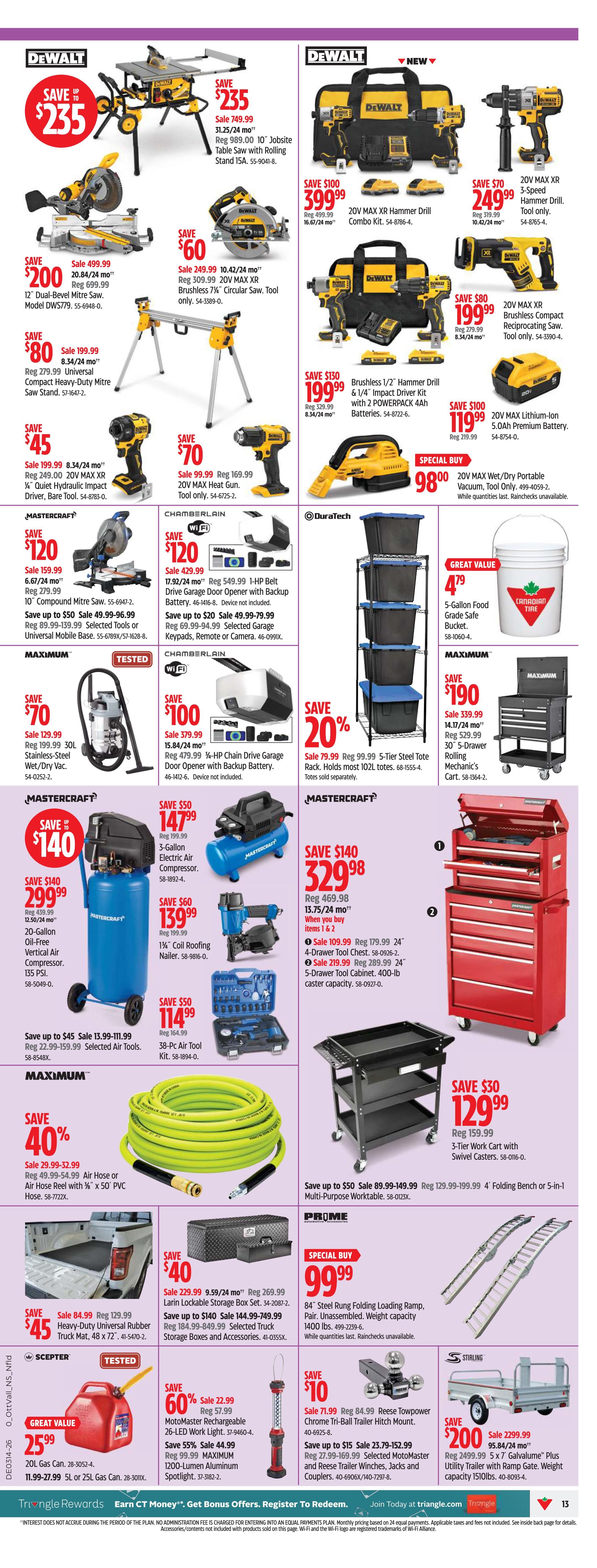 Canadian Tire Weekly Flyer Specials, Page 13. Featured DeWalt products include a 10' Jobsite Table Saw with Rolling Stand on sale for $235 (Save $749.99), a 20V MAX XR Hammer Drill Combo Kit for $399.99 (Save $100), a 20V MAX XR Circular Saw Tool only for $249.99 (Save $60), a 20V MAX XR Brushless Compact Reciprocating Saw Tool only for $199.99 (Save $80), a 20V MAX XR Impact Driver Bare Tool for $45 (Save $199.99), a 20V MAX Lithium-Ion Premium Battery for $119.99 (Save $219.99), and a 1/2' Hammer Drill & 1/4' Impact Driver Kit with 2 POWERPACK 4Ah Batteries for $199.99 (Save $130). Mastercraft offers include a 20-Gallon Oil-Free Vertical Air Compressor for $299.99 (Save $140), a 3-Gallon Electric Air Compressor for $147.99 (Save $50), a 1%' Coil Roofing Nailer for $139.99 (Save $60), and a 38-Pc Air Tool Kit for $114.99 (Save $50). Also featured are a 12' Dual-Bevel Mitre Saw for $200 (Save $20.84), a 20V MAX XR Hammer Drill Tool only for $249.99 (Save $70), a 20V MAX Wet/Dry Portable Vacuum for $98 (Special Buy), a 5-Gallon Food Grade Safe Bucket for $4.79 (Great Value), a 5-Tier Steel Tote Rack for $79.99 (Save 20%), a 30' 5-Drawer Rolling Mechanic's Cart for $190 (Save $339.99), a 4-Drawer Tool Chest for $109.99 (Save $469.98), a 5-Drawer Tool Cabinet for $219.99 (Save $289.99), a 48' x 72' Heavy-Duty Universal Rubber Truck Mat for $45 (Save $84.99), a Larin Lockable Storage Box Set for $140 (Save $229.99), a MotoMaster Rechargeable 26-LED Work Light for $22.99 (Save 60%), a 1200-Lumen Aluminum Spotlight for $44.99 (Save 55%), an 84' Steel Rung Folding Loading Ramp for $99.99 (Special Buy), a Reese Towpower Chrome Tri-Ball Trailer Hitch Mount for $71.99 (Save $10), and a 5' x 7' Galvanized Plus Utility Trailer with Ramp Gate for $2,299.99 (Save $200).