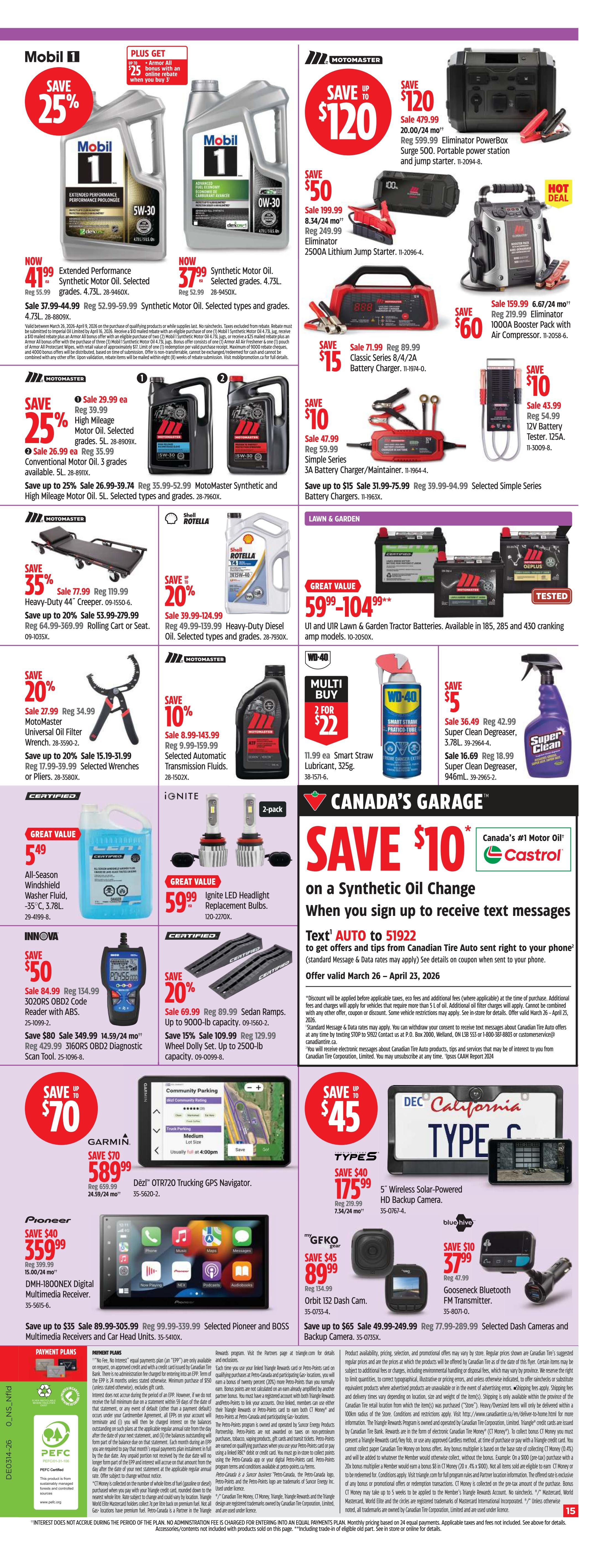 Canadian Tire Western Canada flyer page 15 featuring automotive and electronics specials. Save 25% on Mobil 1 Extended Performance and Synthetic Motor Oil. Motomaster offers include a 2500A Lithium Jump Starter for $120 off, a PowerBox station for $50 off, and a 1000A Booster Pack with Air Compressor for $60 off. Save 25% on High Mileage and Conventional Motor Oil. Motomaster Synthetic and High Mileage Motor Oil (5L) is on sale. Save 35% on Heavy-Duty 44' Creeper and 20% on Rolling Cart or Seat. Save 20% on Motomaster Universal Oil Filter Wrench and Selected Wrenches or Pliers. Shell Rotella Heavy-Duty Diesel Oil is 20% off. Great Value on UI and UIR Lawn & Garden Tractor Batteries from $59.99 to $104.99. Save $10 on 3A Battery Charger/Maintainer and up to $15 on Selected Simple Series Battery Chargers. Ignite LED Headlight Replacement Bulbs are $59.99. Innova offers the 3020RS OBD2 Code Reader with ABS for $50 off and the 3160RS OBD2 Diagnostic Scan Tool for up to $80 off. Save 20% on 9000-lb capacity Sedan Ramps and up to 15% on 2500-lb capacity Wheel Dolly Set. Garmin offers a GPS Navigator for $70 off. Pioneer DMH-1800NEX Digital Multimedia Receiver is $359.99. Selected Pioneer and BOSS Multimedia Receivers and Car Head Units are on sale. Gfko Orbit 152 Dash Cam is $45 off. Save up to $65 on Selected Dash Cameras and Backup Cameras. Types offers a 5' Wireless Solar-Powered HD Backup Camera for $175.99. Bluehive offers Gooseneck Bluetooth FM Transmitter for $37.99. Canada's Garage promotion offers $10 off a Synthetic Oil Change when you sign up to receive text messages. Payment plans are available. PEFC certified.
