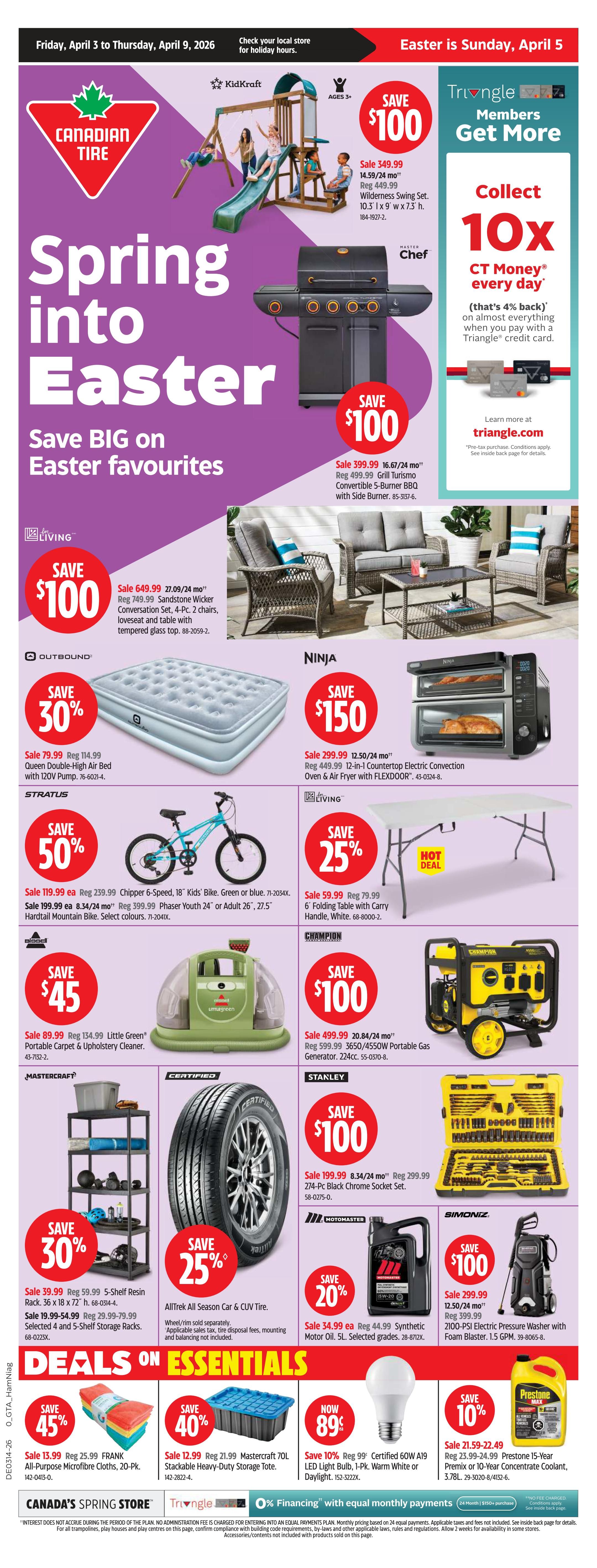 Canadian Tire flyer for April 3 to April 9, 2026, featuring Spring into Easter savings. Highlights include a KidKraft Wilderness Swing Set on sale for $349.99, saving $100; a Master Chef Grill Turismo Convertible 5-Burner BBQ for $399.99, saving $100; and a Living Sandstone Wicker Conversation Set for $649.99, saving $100. Also featured are a Ninja 12-in-1 Countertop Oven & Air Fryer for $299.99, saving $150, and an Outbound Queen Double-High Air Bed with pump for $79.99, saving 30%. Stratus offers a 6-Speed, 18' Kids Bike for $119.99 and a 24' or Adult 26' Hardtail Mountain Bike for $199.99. Living has a 6' Folding Table with Carry Handle on sale for $59.99, saving 25%. Champion offers a 3650/4550W Portable Gas Generator for $499.99, saving $100. Mastercraft features a 5-Shelf Resin Rack for $39.99 and 4-Shelf Storage Racks for $19.99-$54.99. Certified offers an AllTrek All Season Car & CUV Tire for $199.99, saving 25%. Motomaster has 5L Synthetic Motor Oil on sale for $34.99, saving 20%. Simoniz offers a 2100-PSI Electric Pressure Washer with Foam Blaster for $299.99, saving $100. Stanley has a 274-Pc Black Chrome Socket Set for $199.99, saving $100. Deals on Essentials include FRANK 20-Pk Microfibre Cloths for $13.99, saving 45%, and a Mastercraft 70L Stackable Heavy-Duty Storage Tote for $12.99, saving 40%. A Certified 60W A19 LED Light Bulb is now $0.89, saving 10%. Prestone 15-Year Concentrate Coolant is on sale for $21.59, saving 10%. Triangle members can collect 10x CT Money on almost everything with a Triangle credit card. Financing options are available.