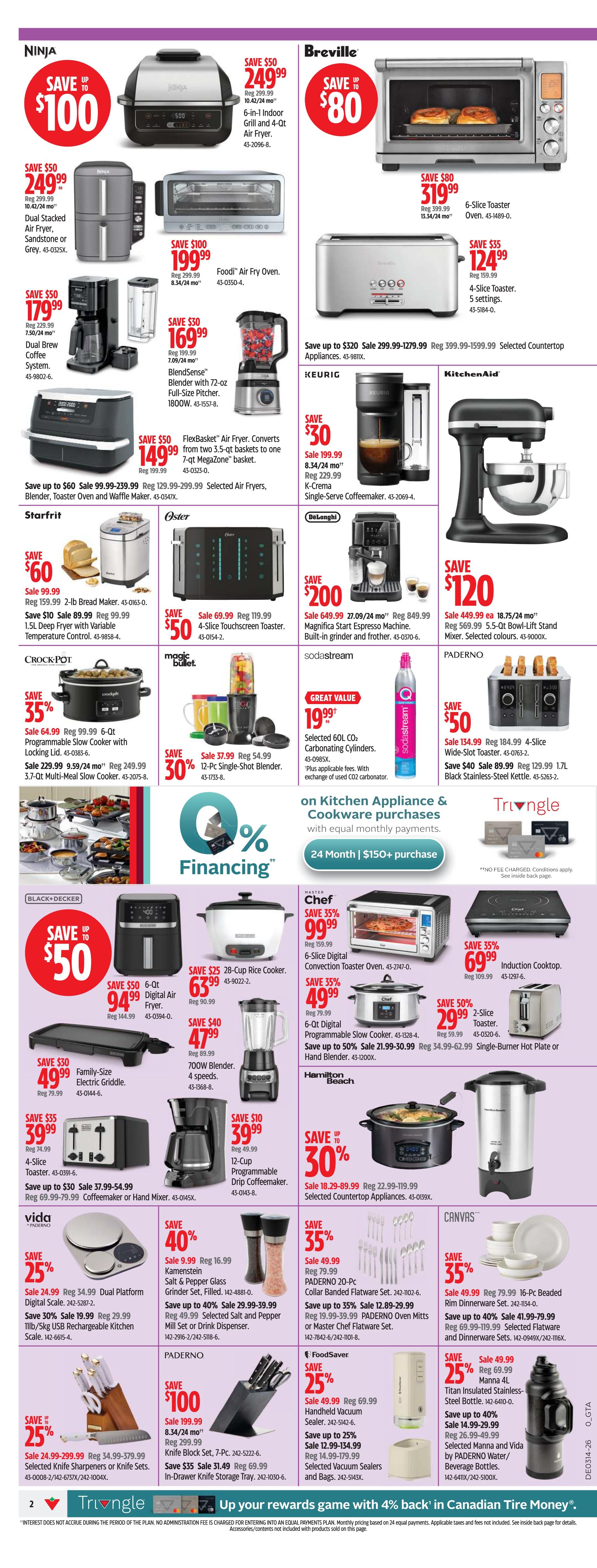 Canadian Tire Ontario Weekly Flyer Specials Page 2 features a wide selection of kitchen appliances and cookware. Featured brands include Ninja, Breville, Starfrit, Crock-Pot, Black+Decker, Oster, KitchenAid, DeLonghi, Paderno, Chef, Hamilton Beach, Vido, and Canvas. Deals include a Ninja 6-in-1 Indoor Grill and Air Fryer for $249.99 (save $50), a Breville 6-Slice Toaster Oven for $319.99 (save $80), and a Starfrit 2-lb Bread Maker for $89.99 (save $10). Also available are a Crock-Pot 6-Qt Programmable Slow Cooker for $64.99 (save 35%), a Black+Decker 6-Qt Digital Air Fryer for $94.99 (save $50), and an Oster 4-Slice Touchscreen Toaster for $69.99 (save $50). KitchenAid offers a 5.5-Qt Bowl-Lift Stand Mixer for $449.99 (save $120). DeLonghi's Magnifica Espresso Machine is on sale for $649.99 (save $200). Other items include a Magic Bullet 12-Pc Single-Shot Blender for $37.99 (save 30%), SodaStream 60L CO2 Carbonating Cylinders for $19.99, and a Paderno 4-Slice Wide-Slot Toaster for $129.99 (save $40). Cookware deals include a 16-Pc Beaded Rim Dinnerware Set from Canvas for $49.99 (save 35%) and a Paderno 20-Pc Collar Banded Flatware Set for $49.99 (save 35%). FoodSaver Handheld Vacuum Sealer is on sale for $49.99 (save 25%). The page also highlights 24-month financing on kitchen appliance and cookware purchases over $150.