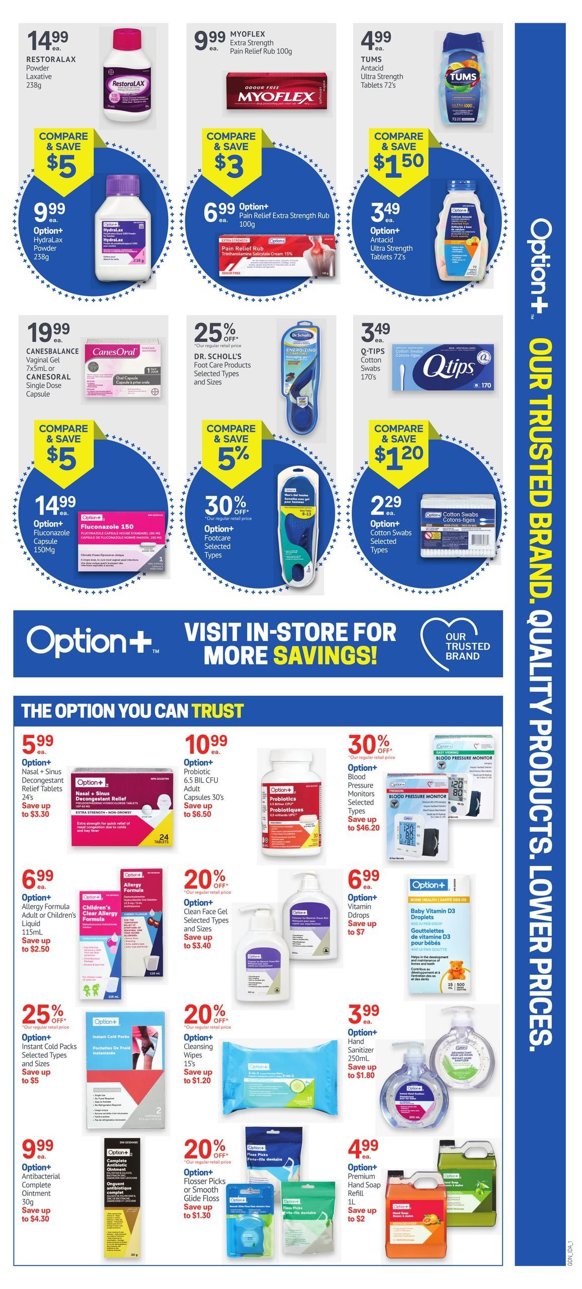 Guardian Pharmacy weekly flyer specials page 2 features a variety of health and wellness products. Top row includes RestoraLAX Powder Laxative 238g for $14.99, MYOFLEX Extra Strength Pain Relief Rub 100g for $9.99, and TUMS Antacid Ultra Strength Tablets 72's for $4.99. Below these, Option+ Hydralax Powder 238g is $9.99, Option+ Pain Relief Extra Strength Rub 100g is $6.99 with a compare and save $3 offer, and Option+ Antacid Ultra Strength Tablets 72's is $3.49 with a compare and save $1.50 offer. Further down, CANESBALANCE Vaginal Gel 7x5mL or CANESORAL Single Dose Capsule is $19.99. DR. SCHOLL'S Foot Care Products are 25% off selected types and sizes. Q-TIPS Cotton Swabs 170's are $3.49. Option+ Fluconazole Capsule 150Mg is $14.99 with a compare and save $5 offer. Option+ Footcare Selected Types are 30% off with a compare and save 5% offer. Option+ Cotton Swabs Selected Types are $2.29 with a compare and save $1.20 offer. The bottom section highlights 'The Option You Can Trust' with Option+ Nasal + Sinus Decongestant Relief Tablets 24's for $5.99, saving up to $3.30. Option+ Probiotic 6.5 Billion CFU Adult Capsules 30's are $10.99, saving up to $6.50. Option+ Blood Pressure Monitors Selected Types are 30% off, saving up to $46.20. Option+ Allergy Formula Adult or Children's Liquid 115mL is $6.99, saving up to $2.50. Option+ Clean Face Gel Selected Types and Sizes are 20% off, saving up to $3.40. Option+ Vitamin Ddrops are $6.99, saving up to $7. Option+ Baby Vitamin D3 Droplets are also featured. Option+ Instant Cold Packs Selected Types and Sizes are 25% off, saving up to $5. Option+ Cleansing Wipes are 20% off, saving up to $1.20. Option+ Hand Sanitizer 250mL is $3.99, saving up to $1.80. Option+ Antibacterial Complete Ointment 30g is $9.99, saving up to $4.30. Option+ Flosser Picks or Smooth Glide Floss are 20% off, saving up to $1.30. Option+ Premium Hand Soap Refill 1L is $4.99, saving up to $2.