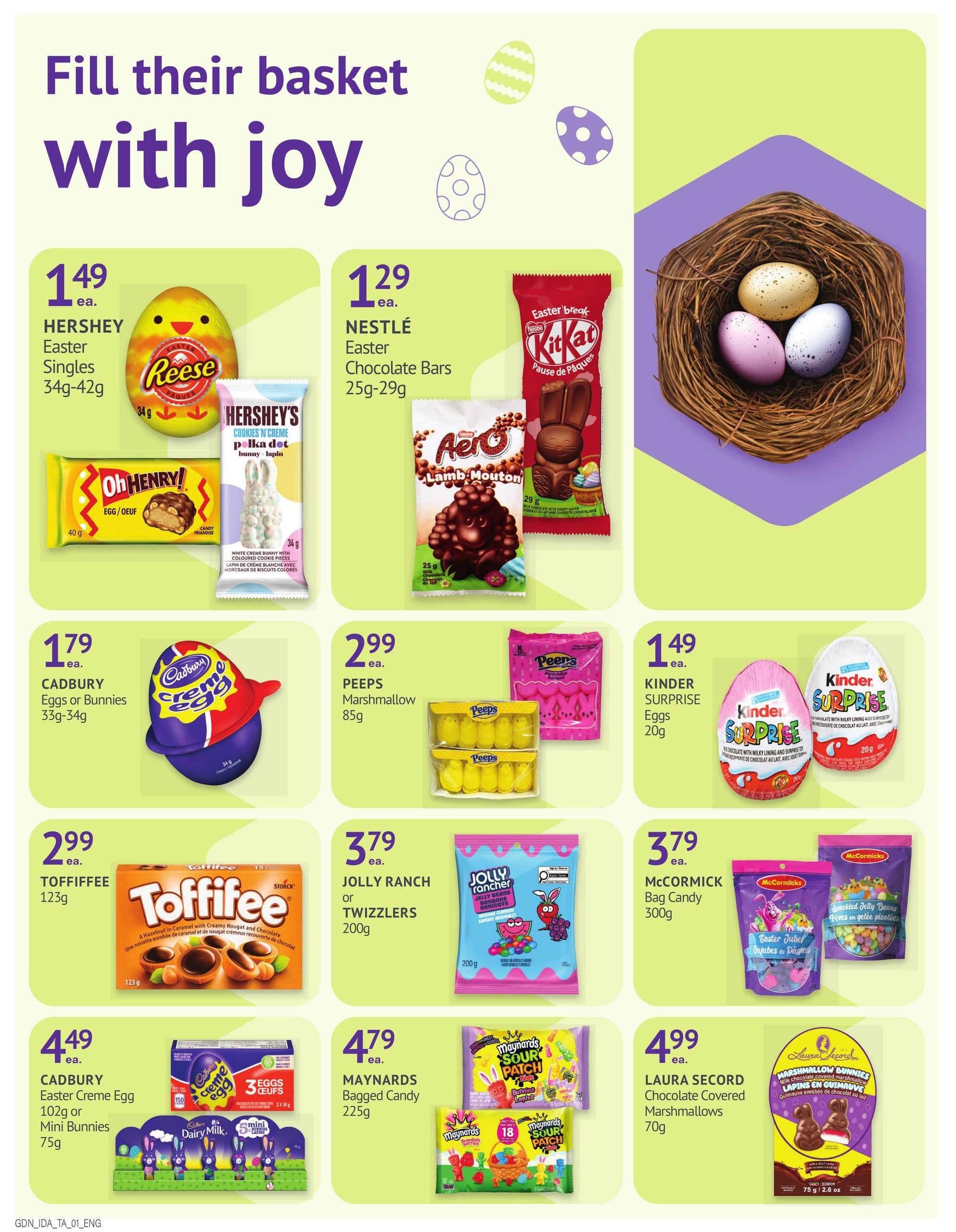Guardian Pharmacy weekly flyer specials page 4 features a variety of Easter-themed candies. Featured items include HERSHEY'S Easter Singles for $1.49, NESTLÉ Easter Chocolate Bars for $1.29, CADBURY Eggs or Bunnies for $1.79, PEEPS Marshmallow for $2.99, TOFFIFEE for $2.99, JOLLY RANCH or TWIZZLERS for $3.79, MCCORMICK Bag Candy for $3.79, CADBURY Easter Creme Egg or Mini Bunnies for $4.49, MAYNARDS Bagged Candy for $4.79, and LAURA SECORD Chocolate Covered Marshmallows for $4.99. The page also displays a decorative nest with Easter eggs.