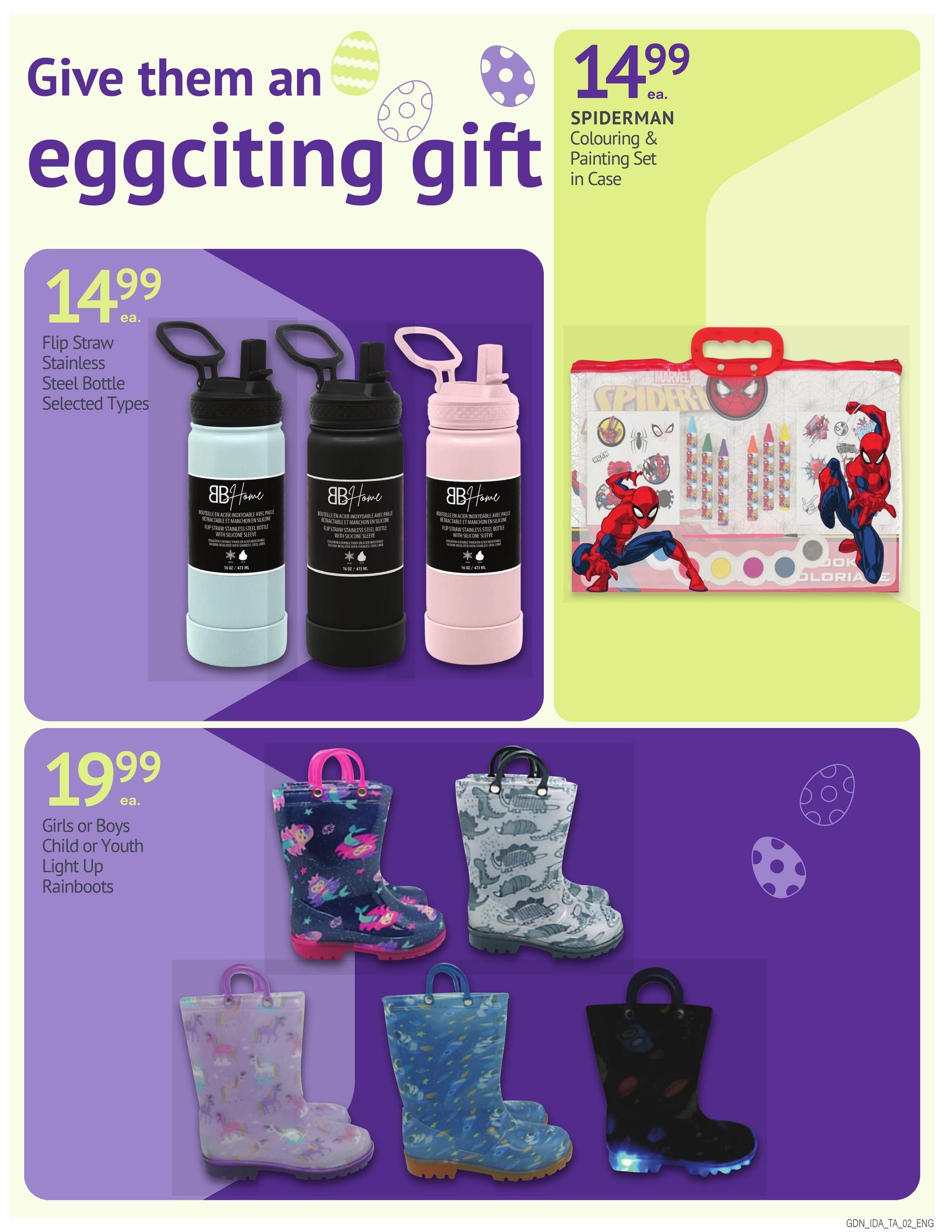 Guardian Pharmacy weekly flyer specials page 5 features 'Give them an eggciting gift' theme. Top left shows Flip Straw Stainless Steel Bottles in selected types for $14.99 each. To the right, a Spiderman Colouring & Painting Set in a case is available for $14.99 each. The bottom section showcases Girls or Boys Child or Youth Light Up Rainboots for $19.99 each, with various designs including mermaids, unicorns, dinosaurs, fish, and a black pair with light-up soles.