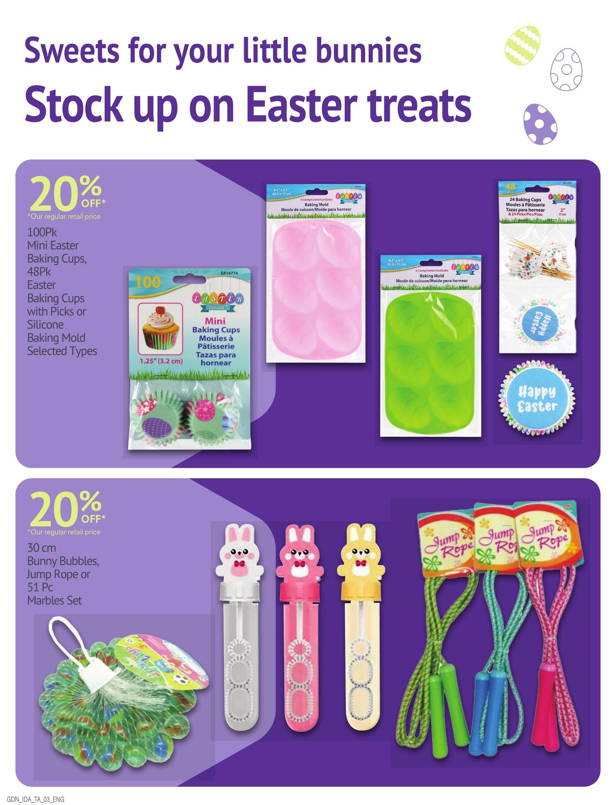 Guardian Pharmacy weekly flyer specials page 6 features Easter treats with 20% off selected items. Top section includes 100pk Mini Easter Baking Cups, 48pk Easter Baking Cups with Picks or Silicone Baking Mold, and 6 cavity baking molds in pink and green. Bottom section offers 20% off 30 cm Bunny Bubbles, Jump Rope or 51 Pc Marbles Set. Also shown are bunny-themed bubble wands and jump ropes.