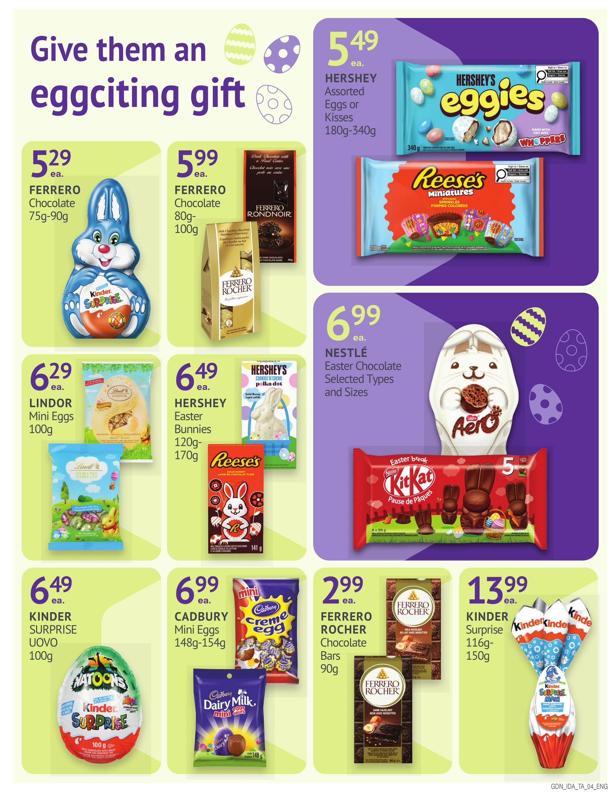 Guardian Pharmacy weekly flyer specials page 7 features an 'egg-citing gift' theme for Easter. Featured products include: Hershey's Assorted Eggies or Kisses for $5.49 (180g-340g), Reese's Miniatures with sprinkles for $5.49 (200g), Ferrero Chocolate bunnies for $5.29 (75g-90g) and $5.99 (80g-100g), Ferrero Rondnoir for $5.99 (79g), Lindor Mini Eggs for $6.29 (100g), Hershey's Easter Bunnies for $6.49 (120g-170g), Kinder Surprise Uovo for $6.49 (100g), Cadbury Mini Eggs for $6.99 (148g-154g), Nestlé Easter Chocolate selected types and sizes for $6.99, Aero Easter Chocolate Bunny for $6.99, Kit Kat Easter Break chocolate bars for $5.00 (5x29g), Ferrero Rocher Chocolate Bars for $2.99 (90g), and Kinder Surprise large Easter eggs for $13.99 (116g-150g).