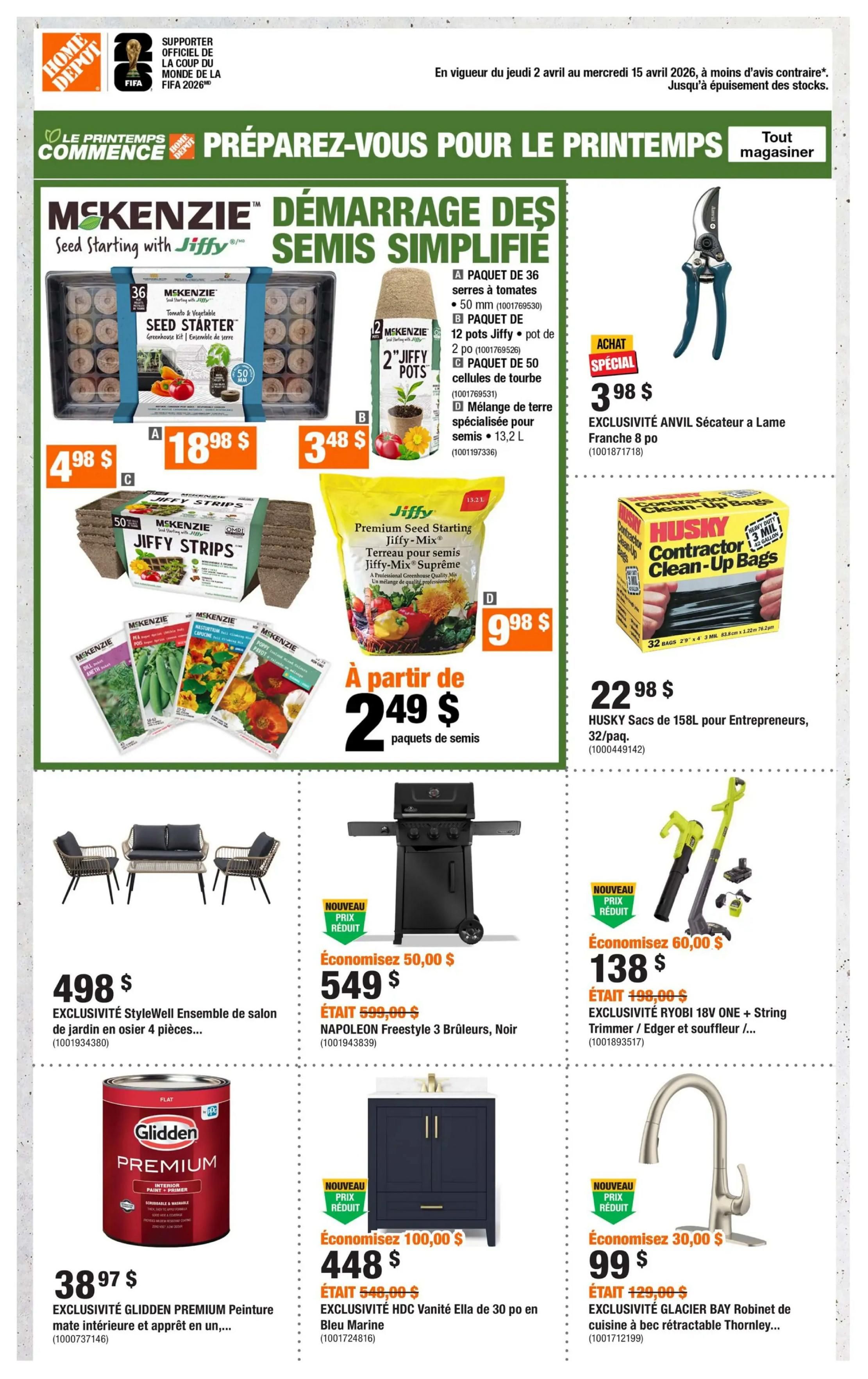 Home Depot flyer page featuring spring preparation and gardening supplies. Highlights include McKenzie Seed Starting products like Jiffy Seed Starter kits for $18.98, Jiffy Pots for $3.48, and Jiffy Strips for $4.98. Also featured is Jiffy Premium Seed Starting Mix for $9.98. Other gardening items include various seed packets starting at $2.49. For outdoor living, a StyleWell 4-piece patio set is available for $498. Grilling options include the NAPOLEON Freestyle 3 Burner BBQ for $549, down from $599.00. For home improvement, find Glidden Premium interior paint and primer for $38.97, and HDC Vanité Ella vanity in navy blue for $448, reduced from $548.00. Power tools and outdoor equipment are also on sale: a RYOBI 18V ONE+ String Trimmer/Edger and Blower combo is $138, down from $198.00. Husky Contractor Clean-Up Bags (32 bags, 158L) are $22.98. A Glacier Bay Robinet kitchen faucet with retractable Thorley spout is $99, a savings of $30.00 from $129.00.