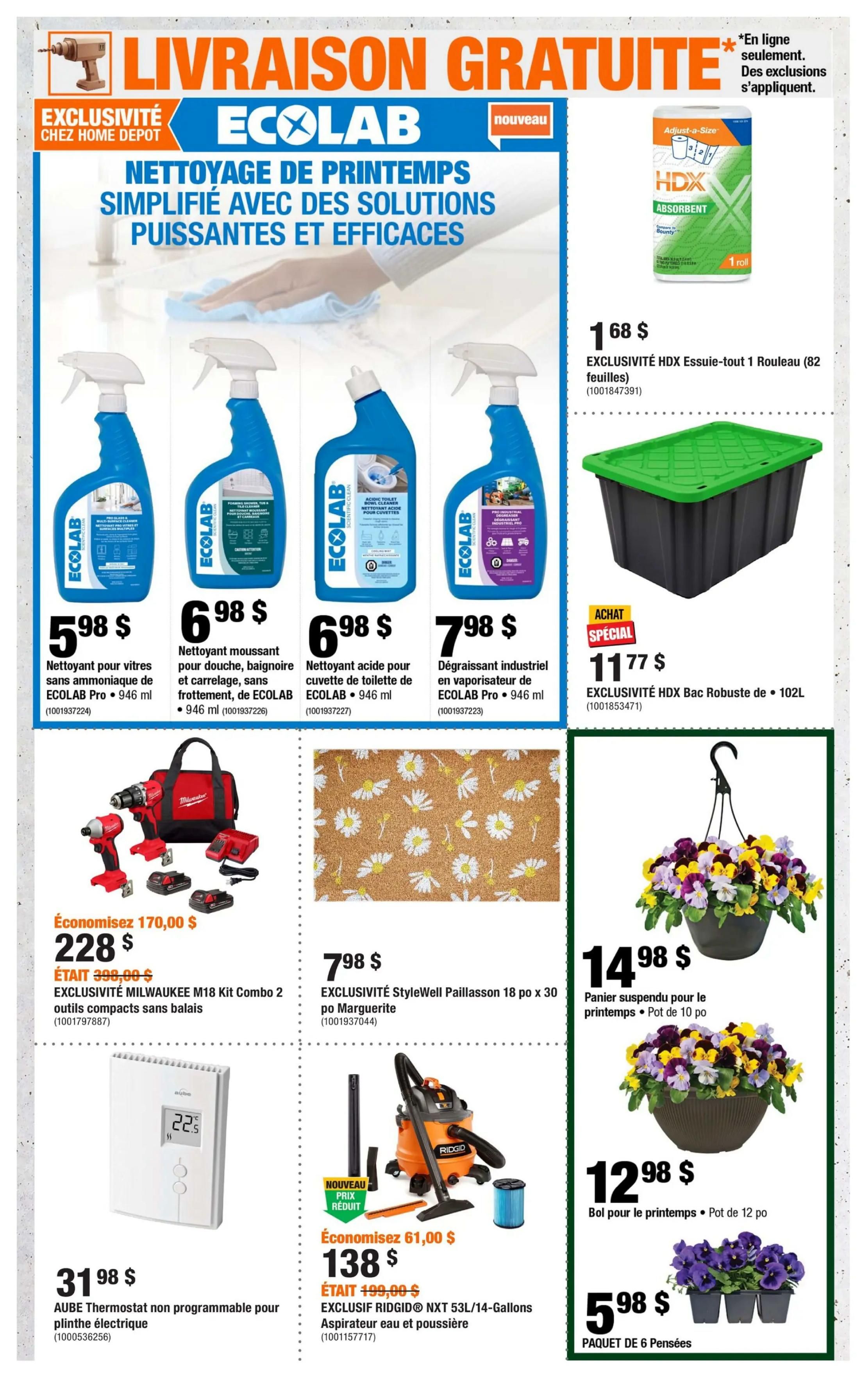 Home Depot flyer page 2 features spring cleaning solutions from ECOLAB, including glass cleaner for $5.98, foaming bathroom cleaner for $6.98, acidic toilet bowl cleaner for $6.98, and industrial degreaser for $7.98. Also available is EXCLUSIVITÉ HDX Absorbent paper towel, 1 roll, for $1.68, and a special purchase of EXCLUSIVITÉ HDX Robust Bin, 102L, for $11.77. Power tool deals include the MILWAUKEE M18 Kit Combo 2 with compact brushless tools for $228, saving $170. Other items include a StyleWell Paillasson doormat, 18 x 30 inches, for $7.98, a non-programmable baseboard electric heater thermostat for $31.98, and a RIDGID NXT 53L/14-Gallon wet/dry vac for $138, saving $61. Spring gardening items include a hanging planter pot for $14.98, a spring bowl planter pot for $12.98, and a 6-pack of pansies for $5.98.