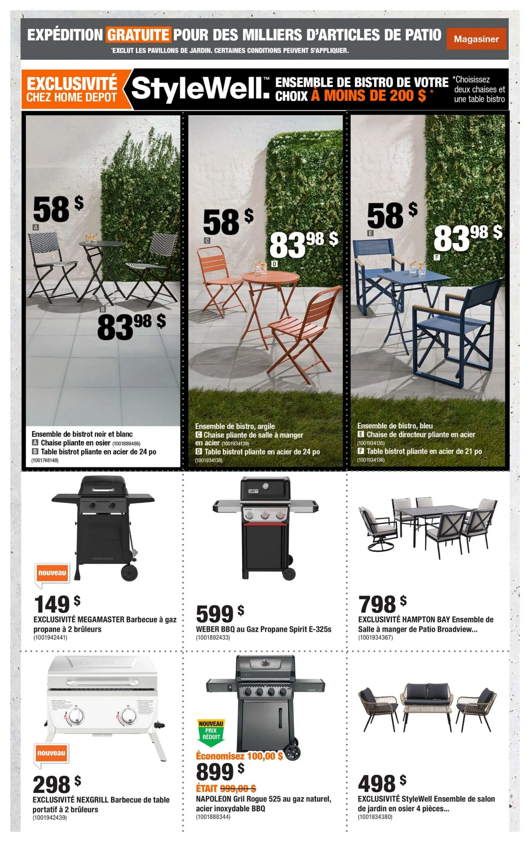 Home Depot Quebec flyer page 3 features patio furniture and BBQs. StyleWell bistro sets are available for under $200, including a black and white bistro set for $83.98, an argile (clay) bistro set for $83.98, and a blue bistro set for $83.98. Also featured is the EXCLUSIVITÉ MEGAMASTER gas BBQ with 2 burners for $149, the EXCLUSIVITÉ NEXGRILL portable table BBQ with 2 burners for $298, the WEBER BBQ au Gaz Propane Spirit E-325s for $599, the EXCLUSIVITÉ HAMPTON BAY Ensemble de Salle à manger de Patio Broadview outdoor dining set for $798, and the EXCLUSIVITÉ StyleWell 4-piece wicker patio set for $498. The NAPOLEON Gril Rogue 525 natural gas stainless steel BBQ is on sale for $899, down from $999.00, saving $100.