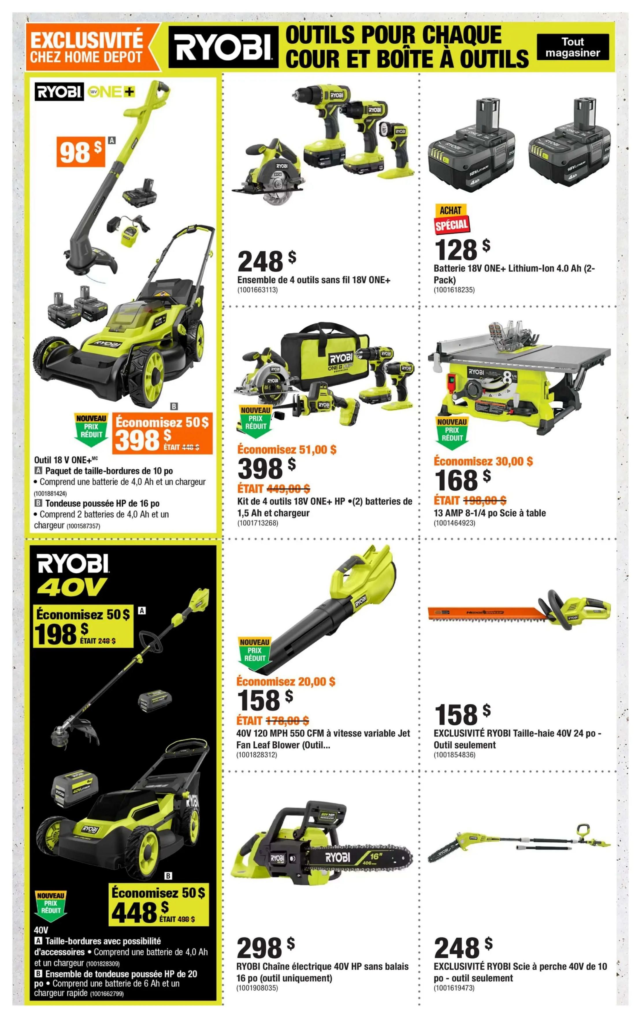 Home Depot Quebec flyer page 5 features Ryobi power tools. On the left, a Ryobi 18V ONE+ string trimmer is priced at $98. Below that, a Ryobi 18V ONE+ trimmer combo kit with a 4.0 Ah battery and charger is on sale for $398, saving $50. Also featured is a Ryobi 40V string trimmer for $198, saving $50. A Ryobi 40V push mower is available for $448, saving $50. In the centre column, a 4-tool 18V ONE+ combo kit with batteries and charger is priced at $248. A Ryobi 18V ONE+ 4.0 Ah Lithium-ion battery 2-pack is a special buy at $128. A Ryobi 18V ONE+ HP drill and impact driver kit with batteries and charger is on sale for $398, saving $51. A Ryobi 13 AMP 8-1/4 inch table saw is $168, saving $30. On the right, a Ryobi 40V 120 MPH 550 CFM variable speed jet fan leaf blower is $158, saving $20. A Ryobi 24-inch 40V hedge trimmer is $158. Finally, a Ryobi 40V 16-inch electric chainsaw is $298, and a Ryobi 40V 10-foot pole saw is $248.