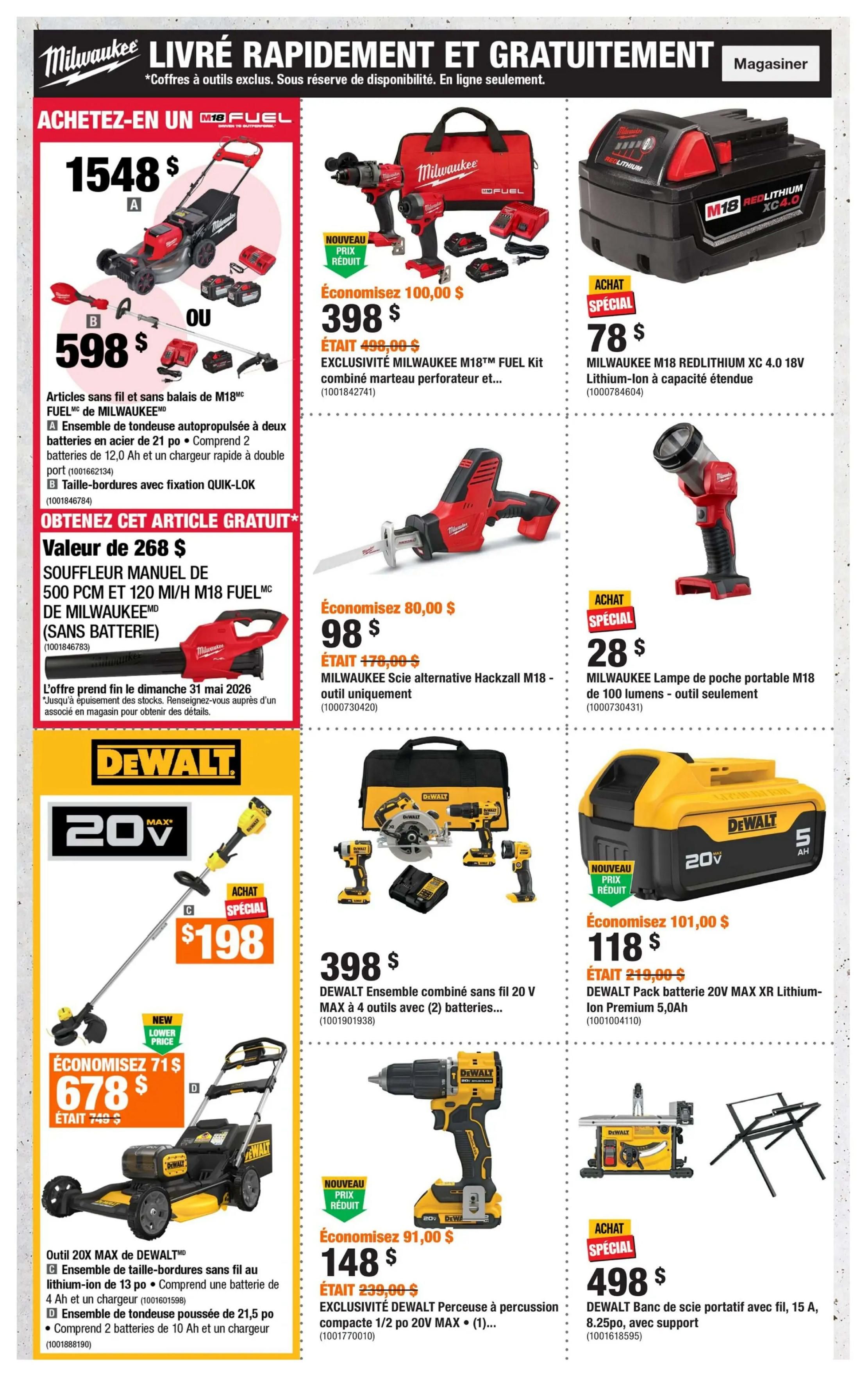 Home Depot flyer page 6 featuring Milwaukee and DeWalt power tools. Top section showcases Milwaukee M18 FUEL products: a self-propelled lawnmower for $1548, or a trimmer for $598. Also available is a Milwaukee M18 FUEL kit with a hammer drill and impact driver for $398 (save $100), a Milwaukee M18 RedLithium XC 4.0 Ah battery for $78, and a portable M18 work light for $28. A free Milwaukee 500 PCM M18 FUEL leaf blower (value $268) is offered with purchase until May 31, 2026. The bottom section highlights DeWalt tools: a 20V MAX string trimmer for $198, a 20V MAX lawnmower for $678 (save $71), a DeWalt 20V MAX XR Lithium-Ion Premium 5.0Ah battery pack for $118 (save $101), a DeWalt combined cordless tool kit with 2 batteries for $398, a DeWalt 1/2' cordless percussion drill for $148 (save $91), and a DeWalt portable table saw with stand for $498.