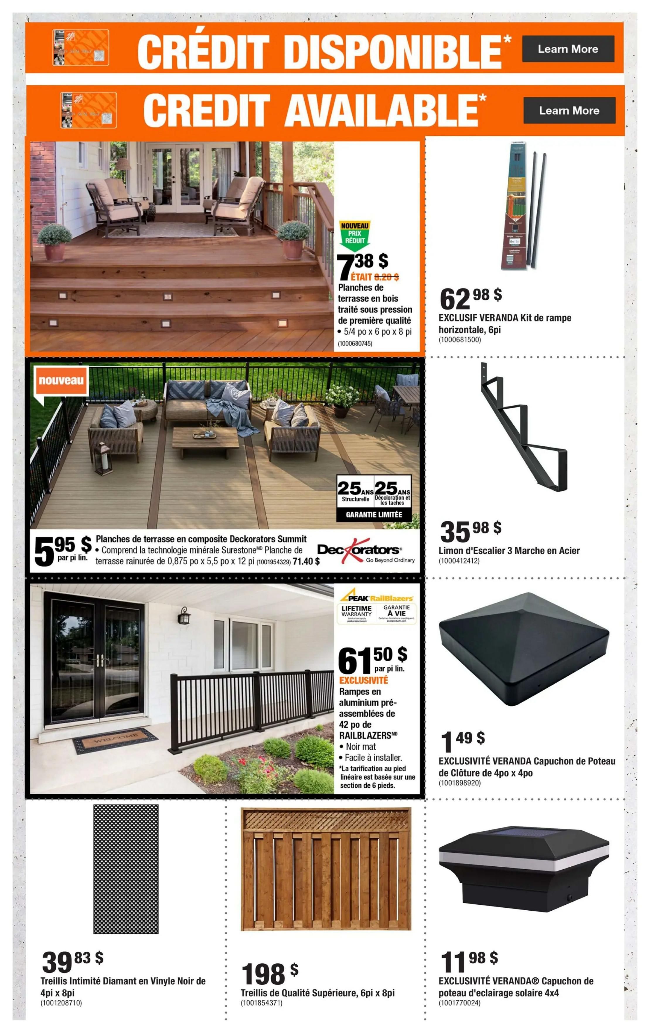 Home Depot flyer page 7 featuring various home and garden products. Top section showcases new pressure-treated wood deck boards at $7.38, originally $8.20, and an exclusive Veranda railing kit for $62.98. Below, composite Deckorators Summit deck boards are priced at $5.95 per linear foot, with a regular price of $71.40 for 0.875 x 5.5 x 12 ft boards. An exclusive aluminum railing system from RailBlazers is available for $61.50 per linear foot. Other items include a 3-step steel stair stringer for $35.98, an exclusive Veranda fence post cap for $1.49, a diamond vinyl privacy screen for $39.83, a superior quality fence panel for $198, and an exclusive Veranda solar fence post cap for $11.98.