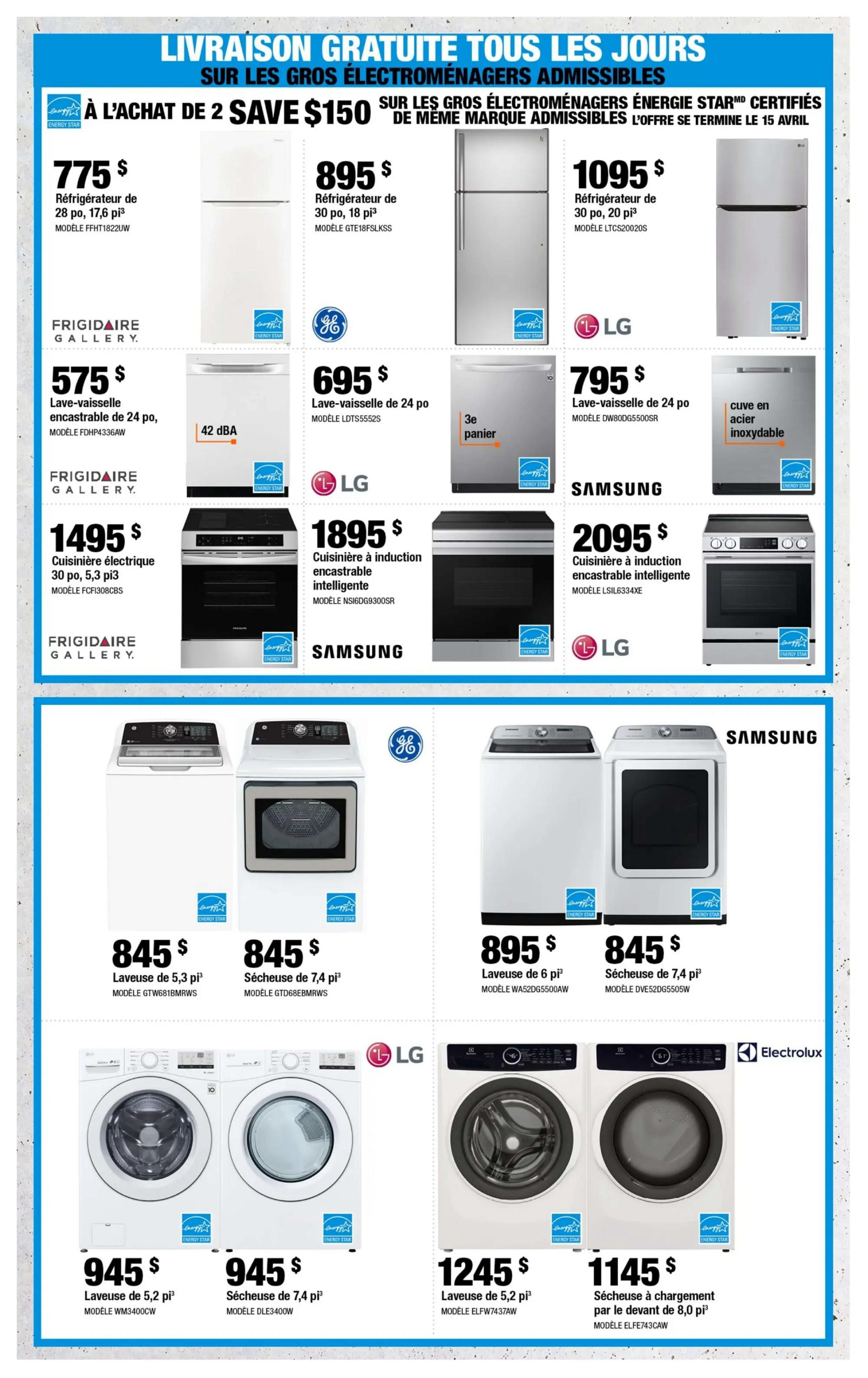 Home Depot Quebec flyer page 8 features a promotion for free delivery on eligible large appliances. Save $150 when you buy 2 eligible Energy Star certified large appliances of the same brand. Featured appliances include a Frigidaire Gallery 28-inch refrigerator for $775, a GE 30-inch refrigerator for $895, and an LG 30-inch refrigerator for $1095. Also available are a Frigidaire Gallery 24-inch built-in dishwasher for $575, an LG 24-inch dishwasher for $695, and a Samsung 24-inch dishwasher for $795. Kitchen appliances include a Frigidaire Gallery 30-inch electric range for $1495, an LG 30-inch smart induction slide-in range for $1895, and an LG 30-inch smart induction slide-in range for $2095. In the laundry section, there's a GE 5.3 cu. ft. washer for $845 and a GE 7.4 cu. ft. dryer for $845. Additionally, an LG 5.2 cu. ft. washer is $945 and an LG 7.4 cu. ft. dryer is $945. Finally, an Electrolux 5.2 cu. ft. washer is $1245 and an Electrolux 8.0 cu. ft. front-load dryer is $1145.
