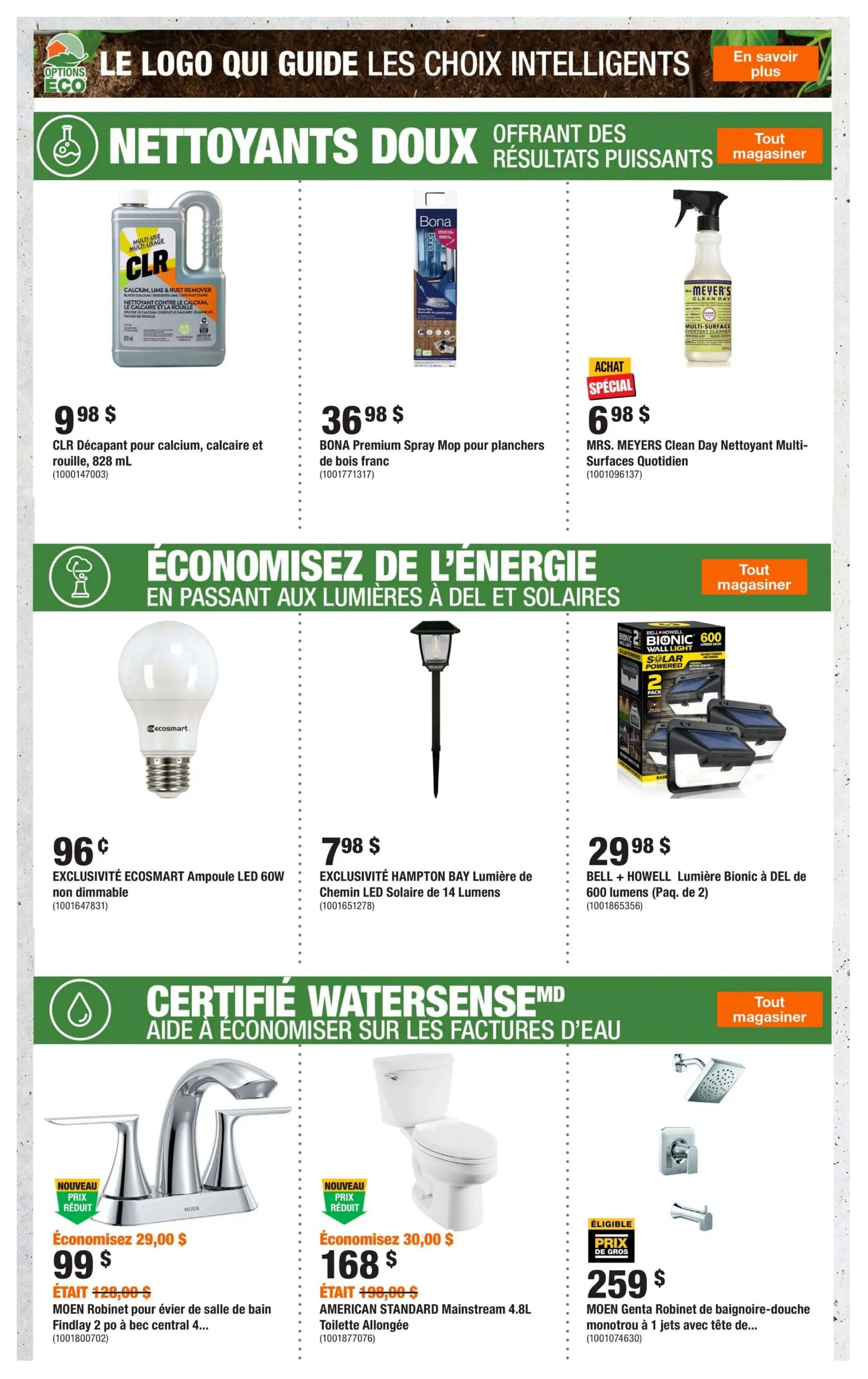 Home Depot flyer page 10 featuring gentle cleaners, energy-saving lighting, and WaterSense certified bathroom fixtures. Top section showcases CLR Calcium, Lime & Rust Remover for $9.98, BONA Premium Spray Mop for $36.98, and MRS. MEYERS Clean Day Multi-Surface Everyday Cleaner for $6.98. Middle section highlights energy savings with ECOSMART 60W LED bulbs for $0.96, HAMPTON BAY 14-lumen solar pathway lights for $7.98, and BELL + HOWELL Bionic 600 lumen LED lights (2-pack) for $29.98. Bottom section focuses on WaterSense certified products: MOEN Robinet bathroom faucet for $99 (save $29), AMERICAN STANDARD Mainstream 4.8L elongated toilet for $168 (save $30), and MOEN Genta bathtub/shower faucet with 1 jet head for $259.