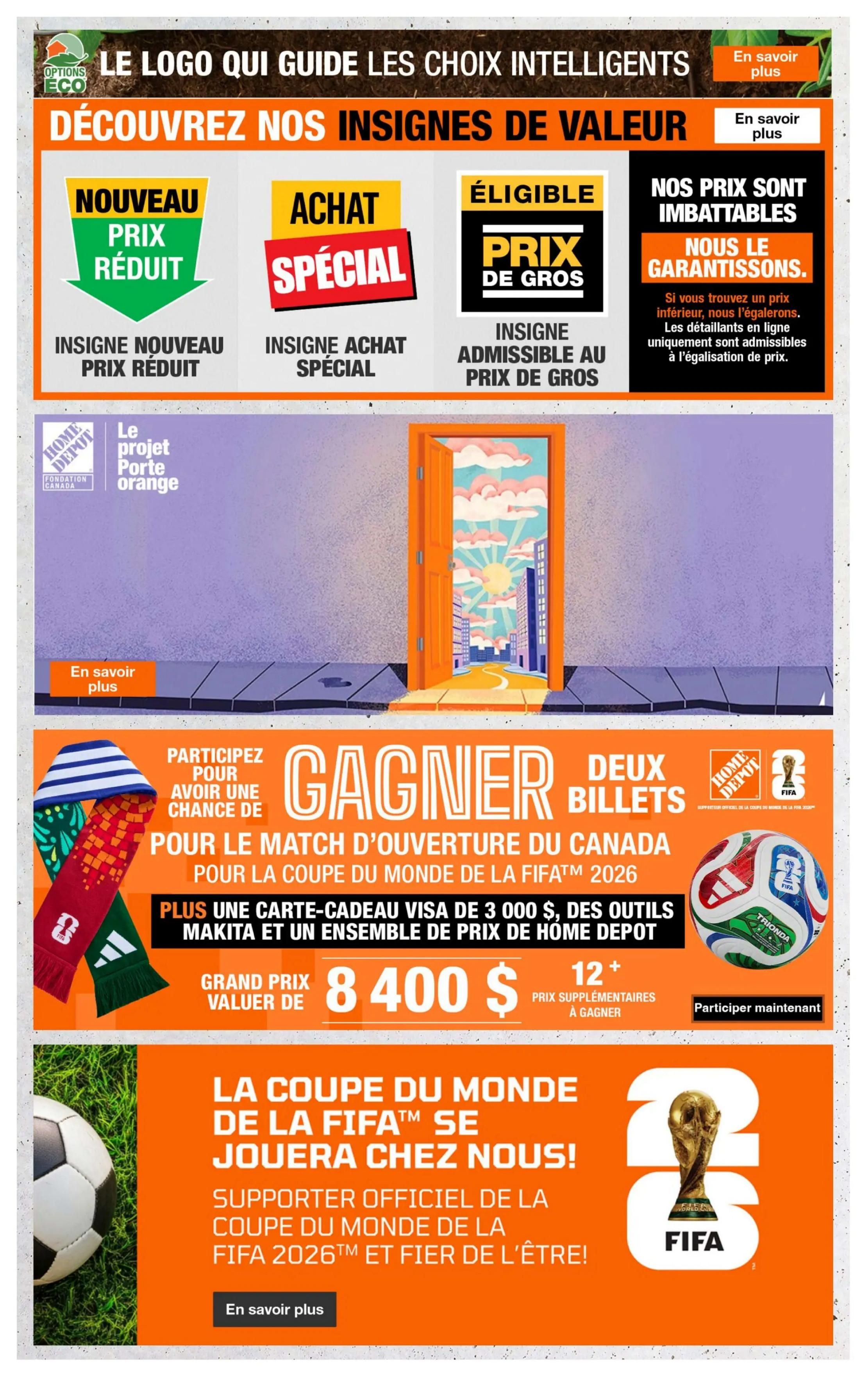 Home Depot flyer page featuring 'Discover Our Value Badges' with 'New Reduced Price' and 'Special Purchase' badges. It also highlights 'Eligible for Bulk Pricing' and 'Our Prices Are Unbeatable, We Match Them' guarantee. The page promotes the 'Orange Door Project' from the Home Depot Foundation. A contest offers a chance to win two tickets to the opening match of the Canada Cup for the FIFA™ 2026, plus a $3,000 Visa gift card, Makita tools, and a Home Depot prize pack. The grand prize is valued at $8,400, with over 12 additional prizes to be won. The page also announces 'The FIFA™ World Cup Will Be Played Here!' encouraging support for the official supporter of the FIFA 2026™ World Cup. 'Learn more' buttons are present for each section.