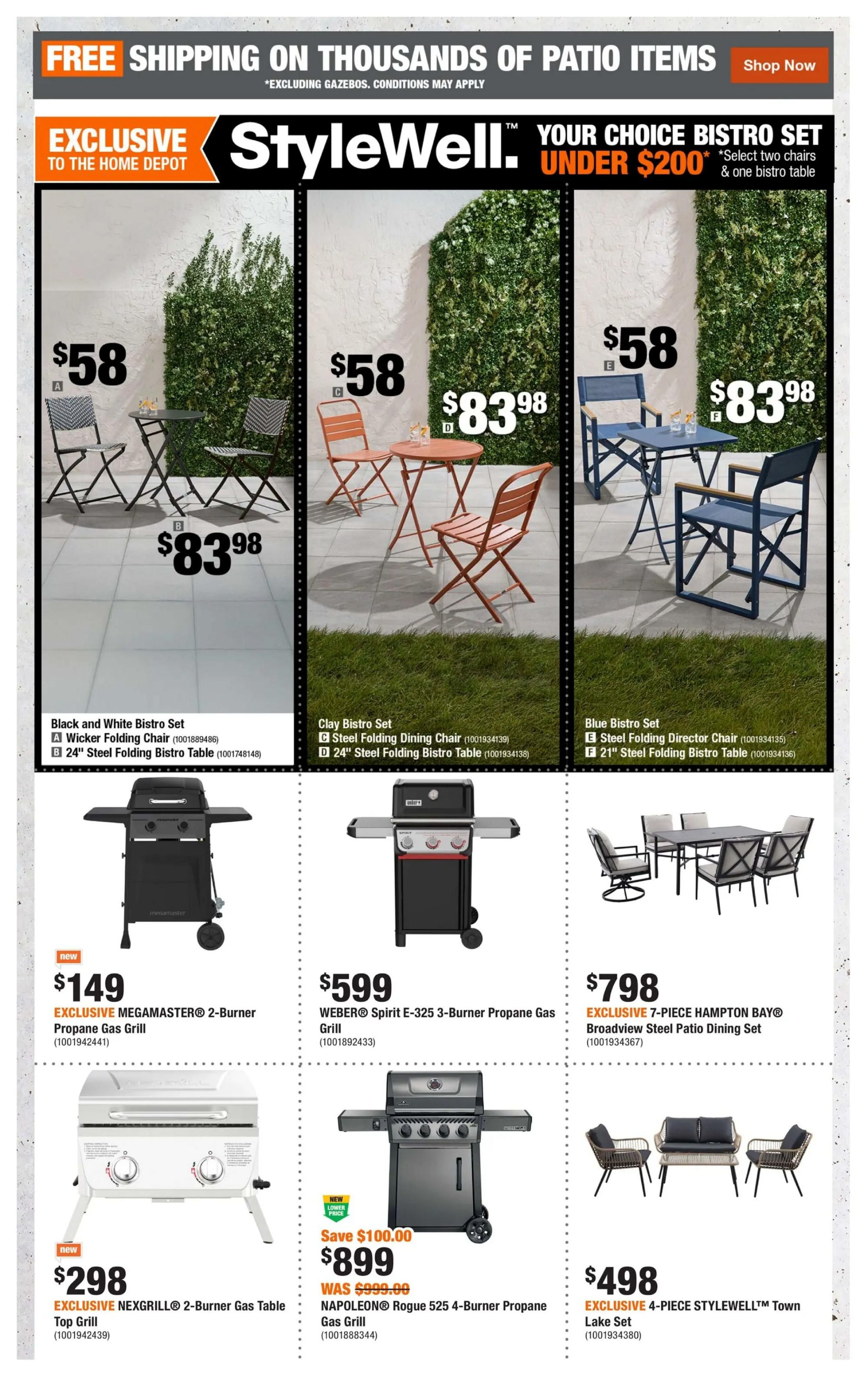 Home Depot flyer page 3 features StyleWell bistro sets and grills. The top section showcases 'Your Choice Bistro Set Under $200' with three options: Black and White Bistro Set with a Wicker Folding Chair for $58 and a 24' Steel Folding Bistro Table for $83.98; Clay Bistro Set with a Steel Folding Dining Chair for $58 and a 24' Steel Folding Bistro Table for $83.98; and Blue Bistro Set with a Steel Folding Director Chair for $58 and a 21' Steel Folding Bistro Table for $83.98. Below, find grills and patio sets: EXCLUSIVE MEGAMASTER® 2-Burner Propane Gas Grill for $149; WEBER® Spirit E-325 3-Burner Propane Gas Grill for $599; EXCLUSIVE NEXGRILL® 2-Burner Gas Table Top Grill for $298; NAPOLEON® Rogue 525 4-Burner Propane Gas Grill on sale for $899, saving $100.00 from $999.00; EXCLUSIVE 7-PIECE HAMPTON BAY® Broadview Steel Patio Dining Set for $798; and EXCLUSIVE 4-PIECE STYLEWELL™ Town Lake Set for $498. Free shipping on thousands of patio items is also advertised.